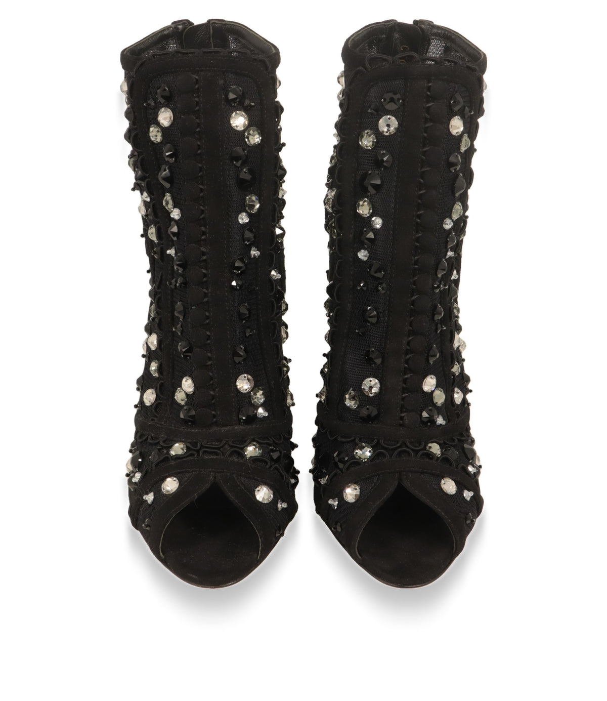 Dolce & Gabbana Stiefeletten Frontansicht mit offener Spitze und Kristallverzierung