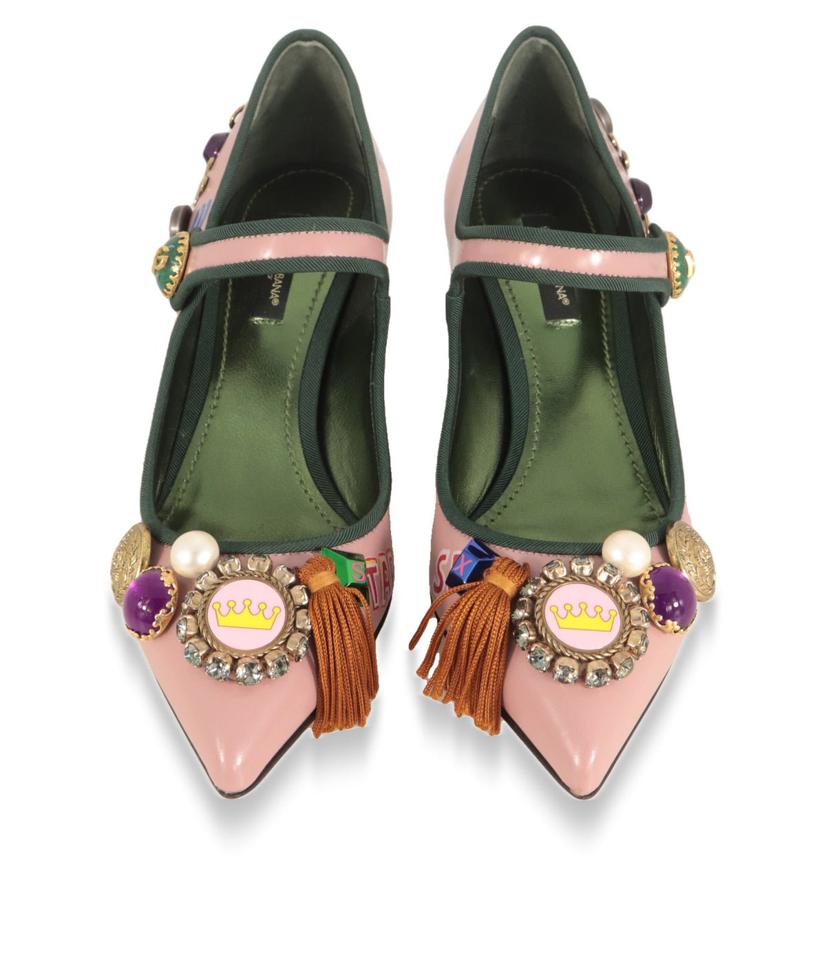 Rosa Dolce & Gabbana Mary Jane Schuhe mit grünem Lederfutter und spitzer Kappe von oben
