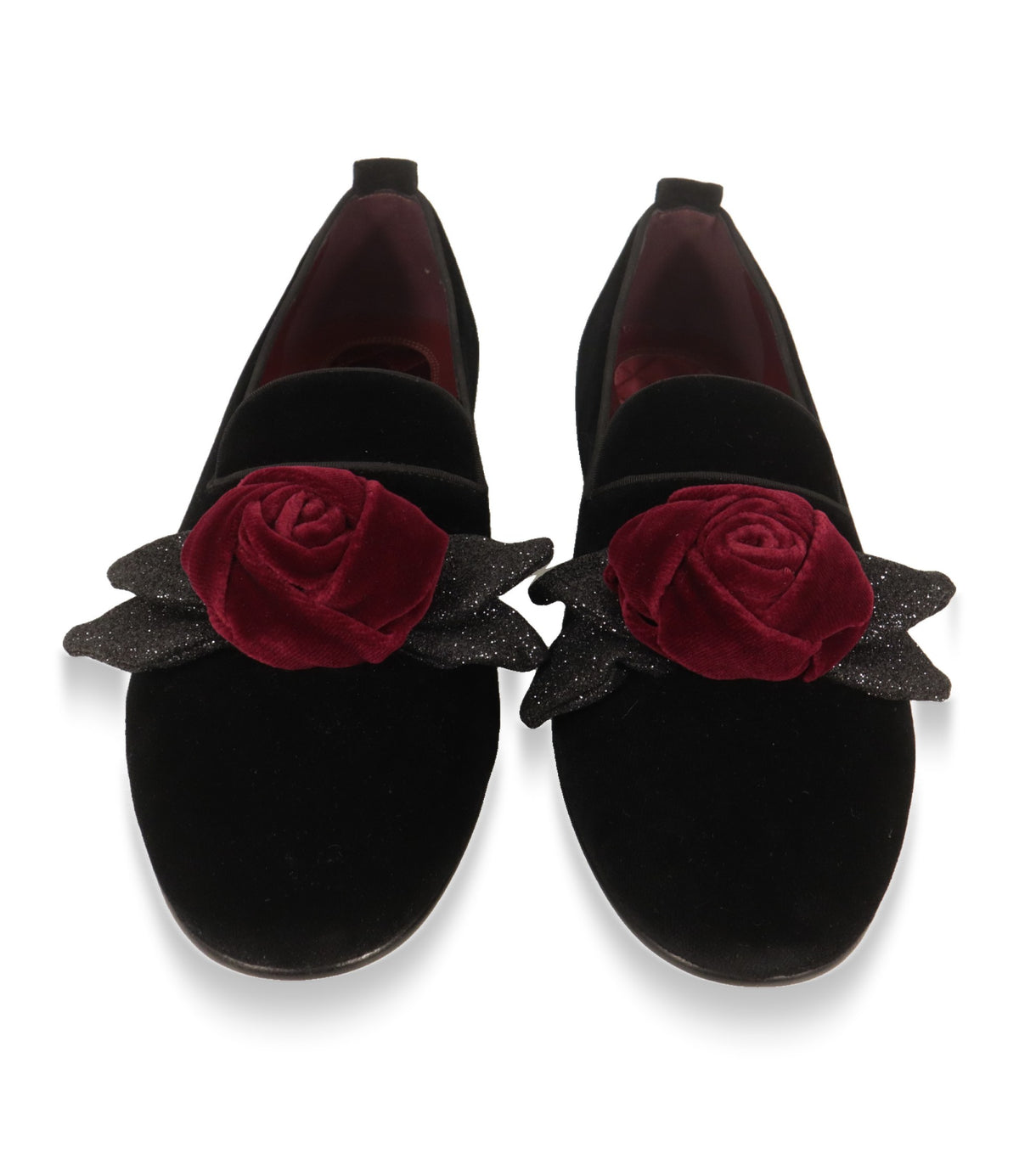Dolce & Gabbana Herren Slipper von oben mit roter Samtrose und rotem Innenfutter