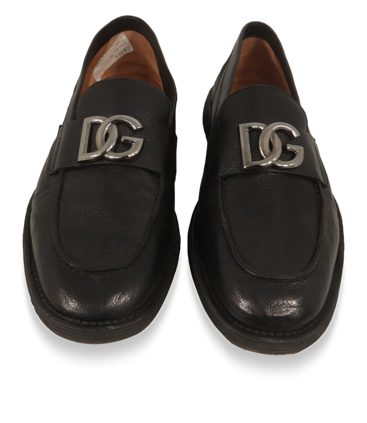 Schwarze Dolce & Gabbana Loafer von oben mit poliertem DG-Logo und Lederfutter