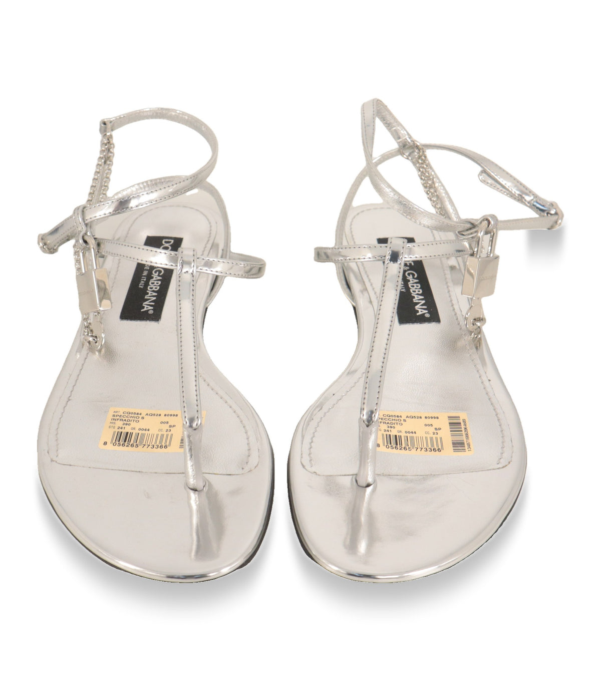 Silberne Zehentrenner-Sandalen von Dolce & Gabbana von oben mit Lederdecksohle