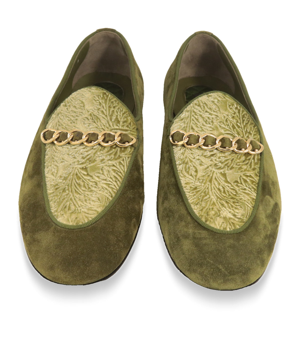 Dolce & Gabbana Loafer von oben mit floral geprägtem Samt und Kettenspange