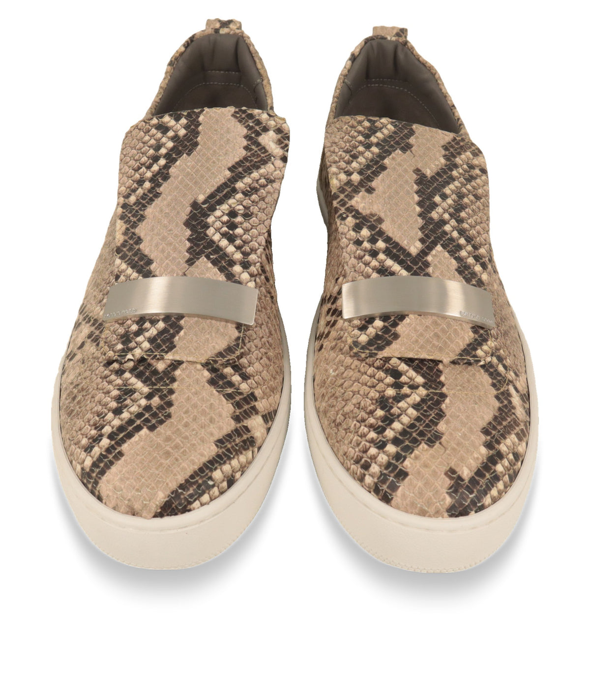 Sergio Rossi Slip-On Sneaker Paar von vorne mit gebürsteter Metallspange