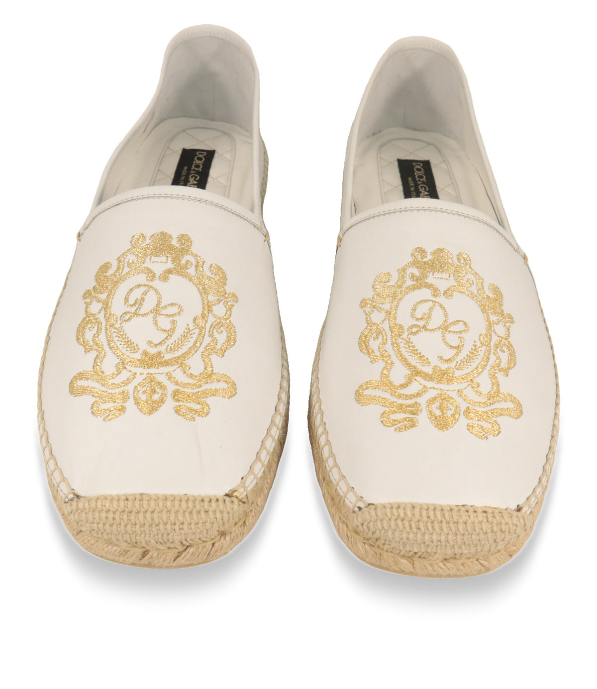 Dolce & Gabbana Espadrilles von oben: goldenes DG-Wappen auf weißem Leder