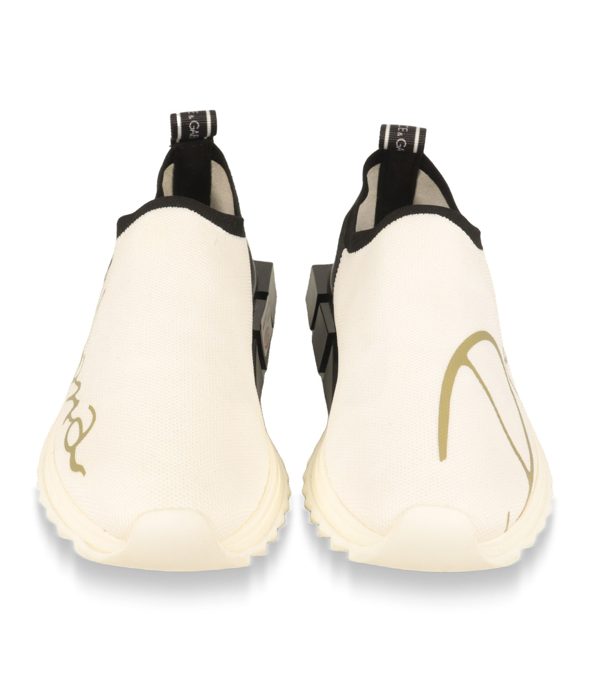 Weiße Dolce & Gabbana Slip-On Sneaker von vorne mit goldenem Logodetail