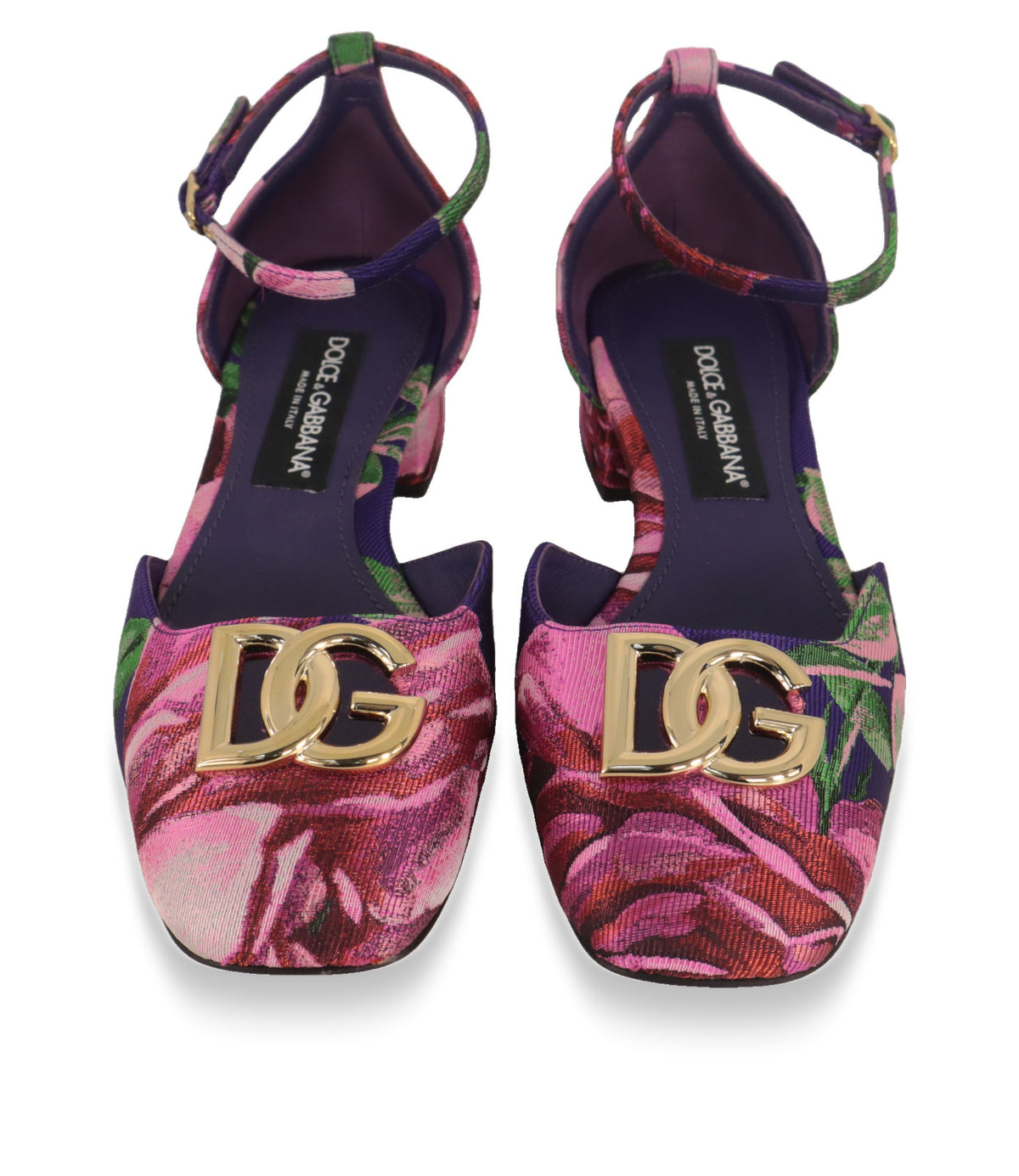 Dolce & Gabbana Mary Jane Schuhe von vorne mit goldfarbenem DG-Logo auf der Vorderkappe