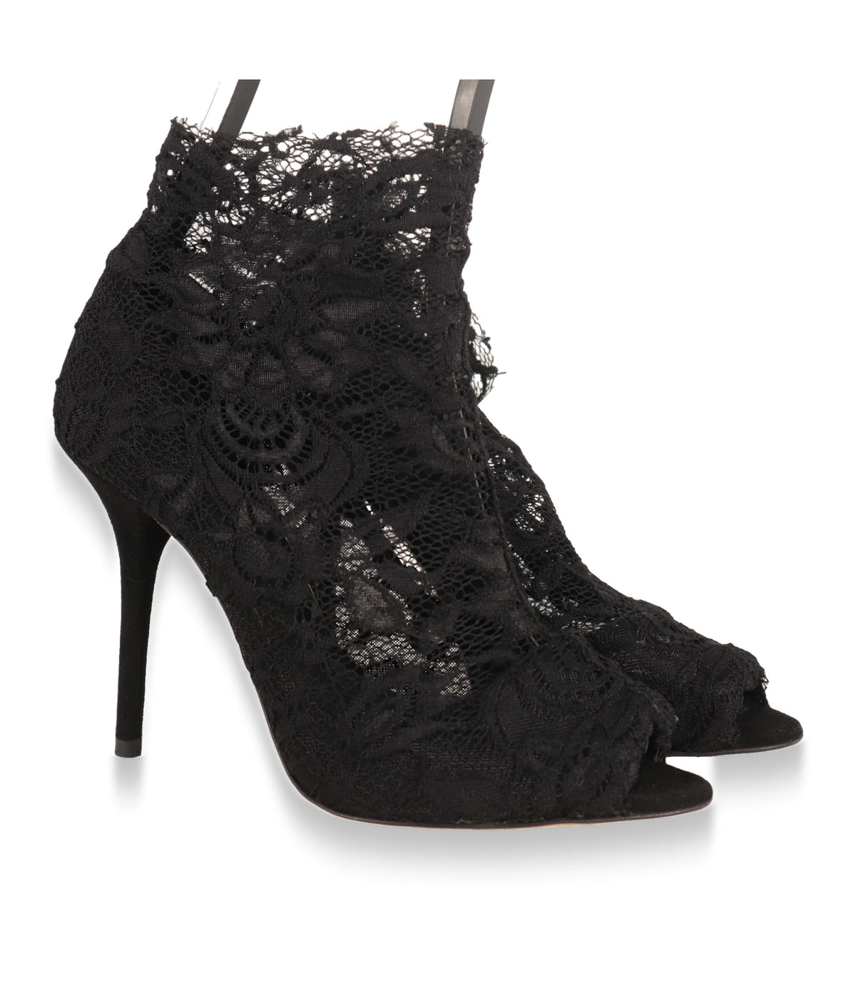 Dolce & Gabbana Peeptoe-Stiefeletten aus Spitze, Paar in Dreiviertelansicht