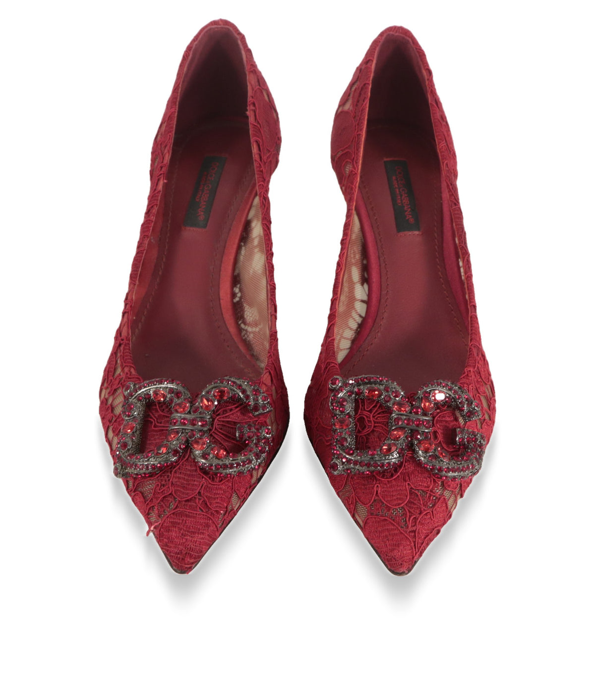 Dolce & Gabbana Spitze-Pumps von oben mit spitzer Kappe und Kristallbrosche