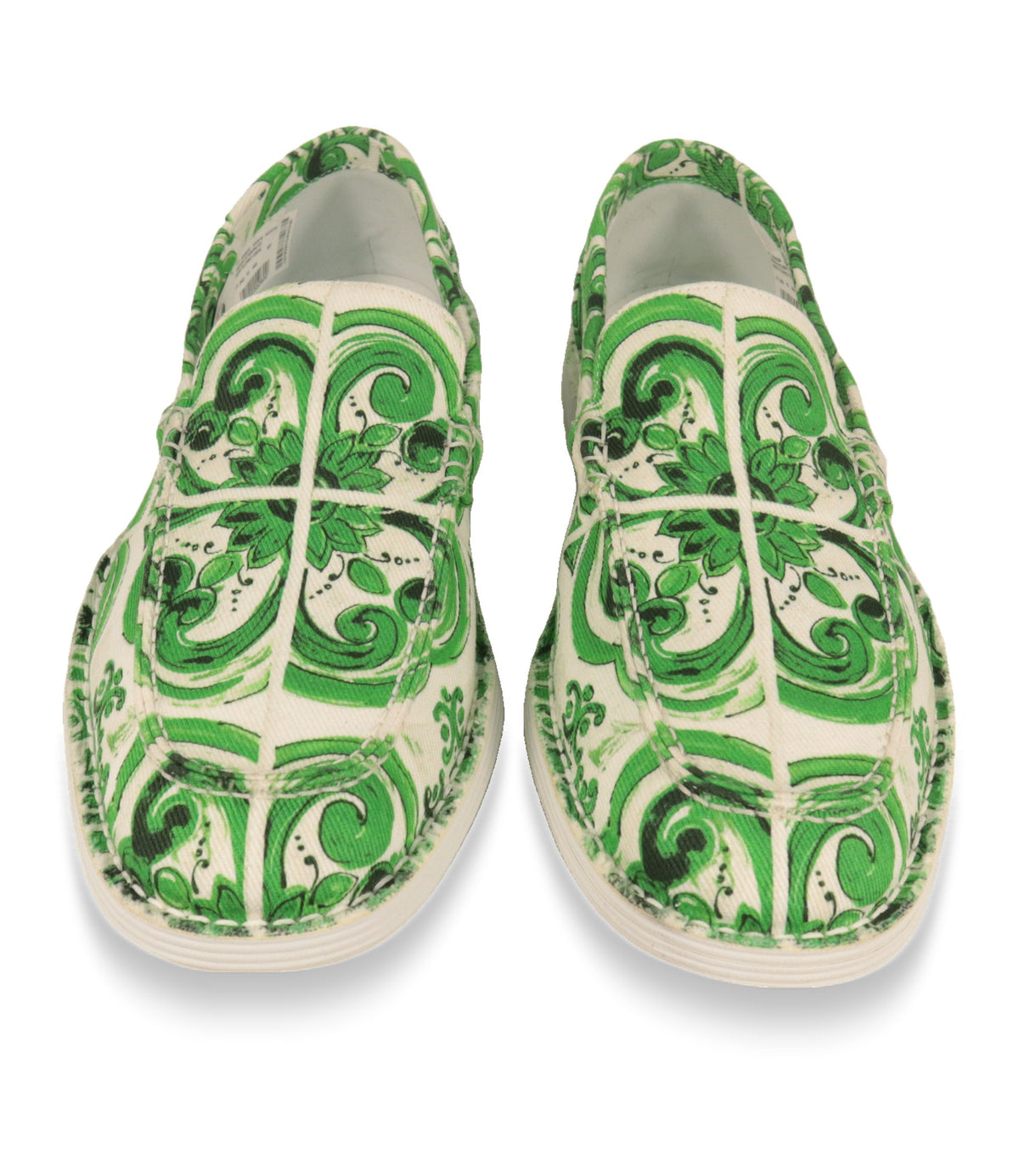 Dolce & Gabbana Slip-On Sneaker von oben mit grünem Majolika-Muster auf weißem Denim