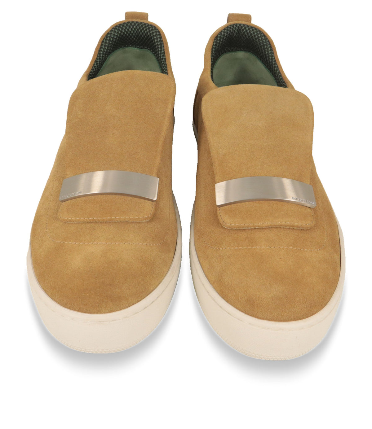 Sergio Rossi Slip-On Sneaker Frontansicht mit Metallspange und weißer Gummisohle