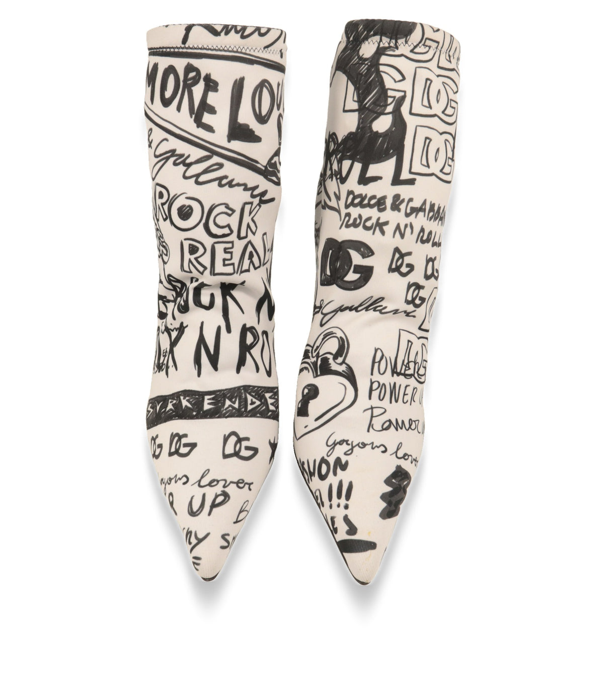 Dolce & Gabbana Sock Boots von vorne mit DG-Schriftzügen auf cremeweißem Jersey
