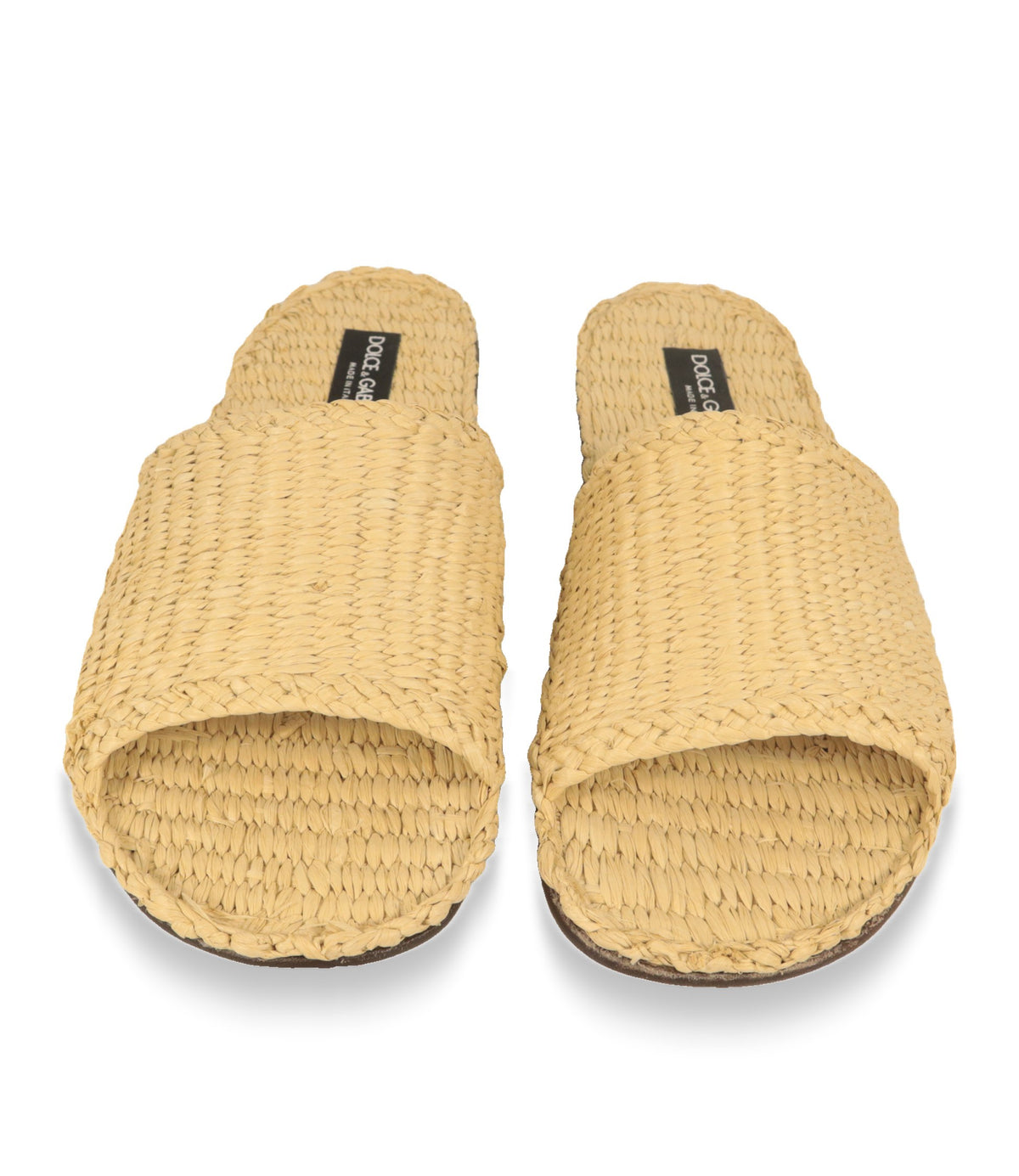 Dolce & Gabbana Raffia Pantoletten von oben mit geflochtenem Fußbett und Markenlabel