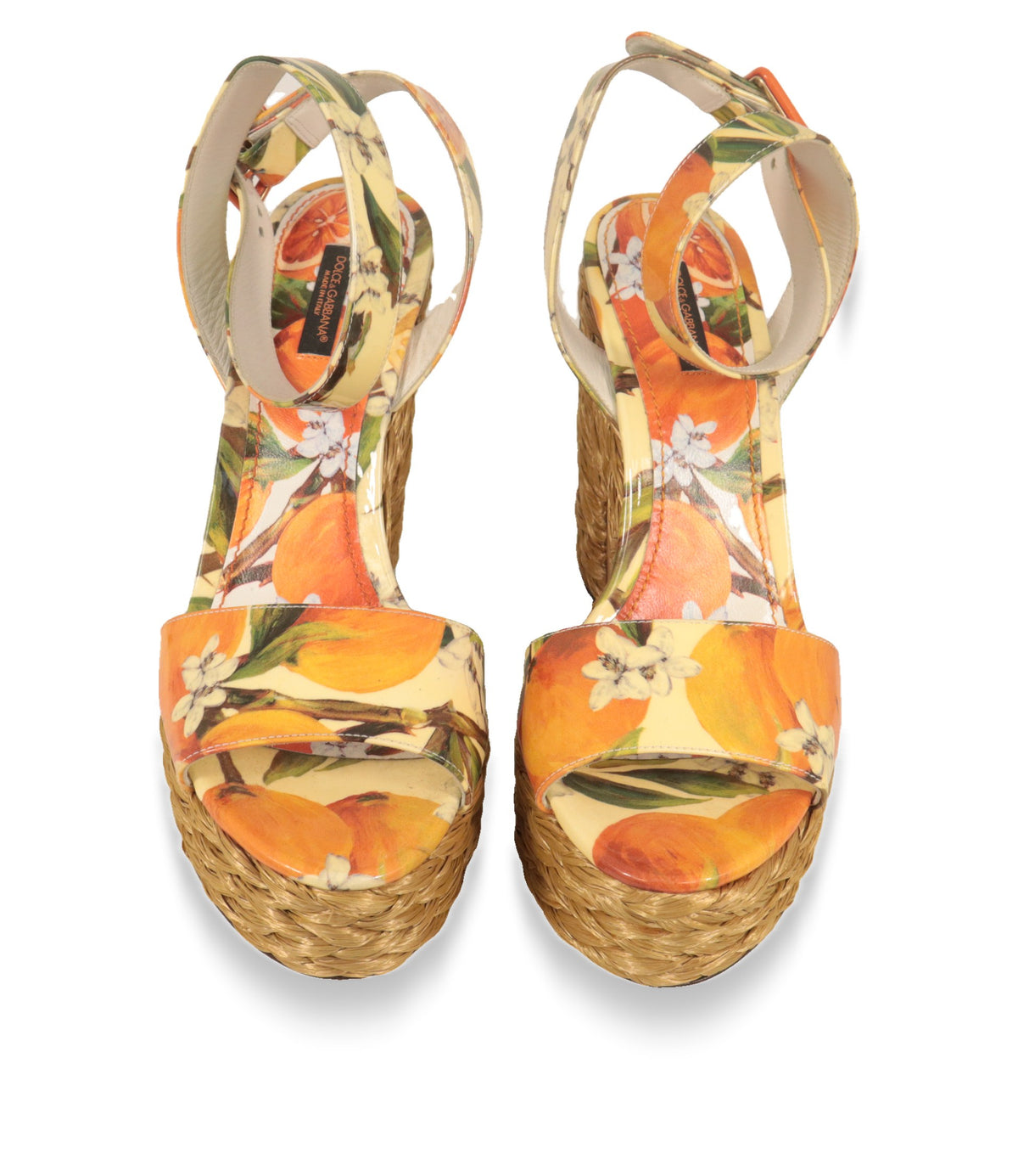 Dolce & Gabbana Plateau-Sandalen von oben mit Orangen-Print auf Lackleder und Lederinnensohle