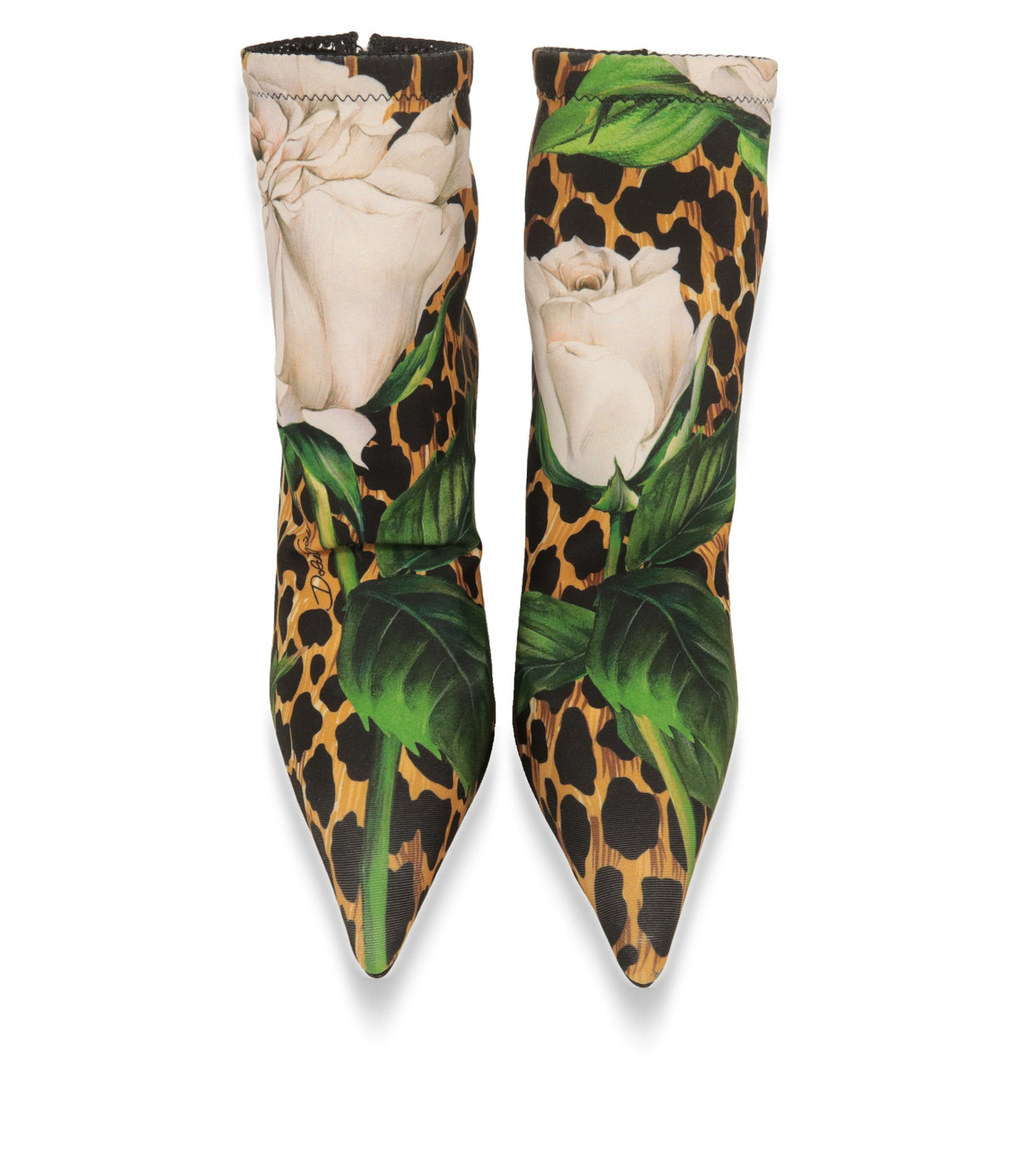 Dolce & Gabbana Sock Boots von vorne mit spitzer Kappe und weißem Rosendruck auf Ocelot-Grund