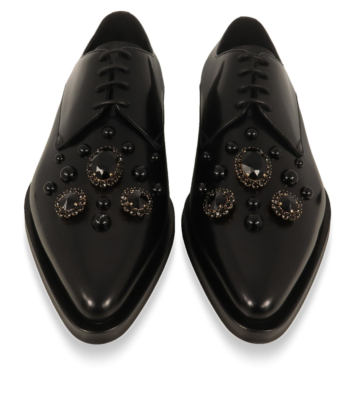 Dolce & Gabbana Derby Schuhe von oben mit spitzer Kappe und schwarzen Kristallen
