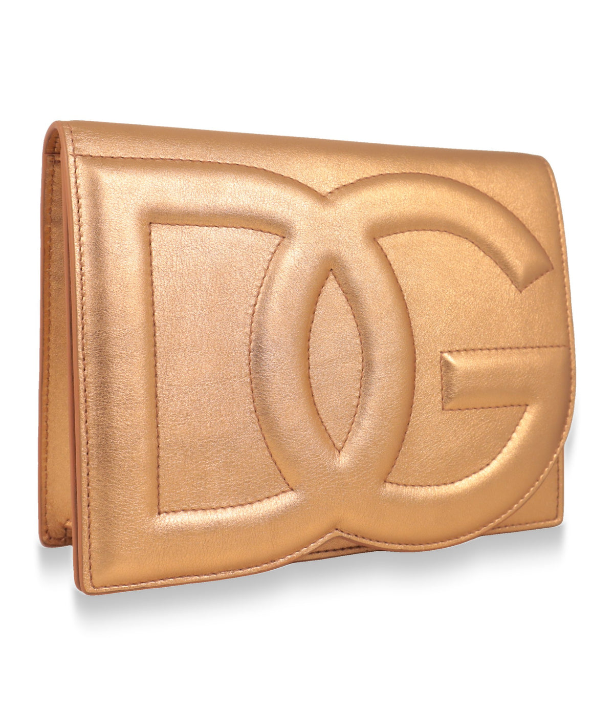 Dolce & Gabbana Umhängetasche in Aprikot-Metallic, seitliche Dreiviertelansicht der Überschlagklappe