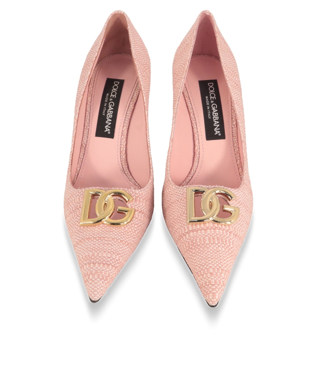 Dolce & Gabbana Pumps von oben mit spitzer Kappe, DG-Logo und rosafarbenem Lederfutter