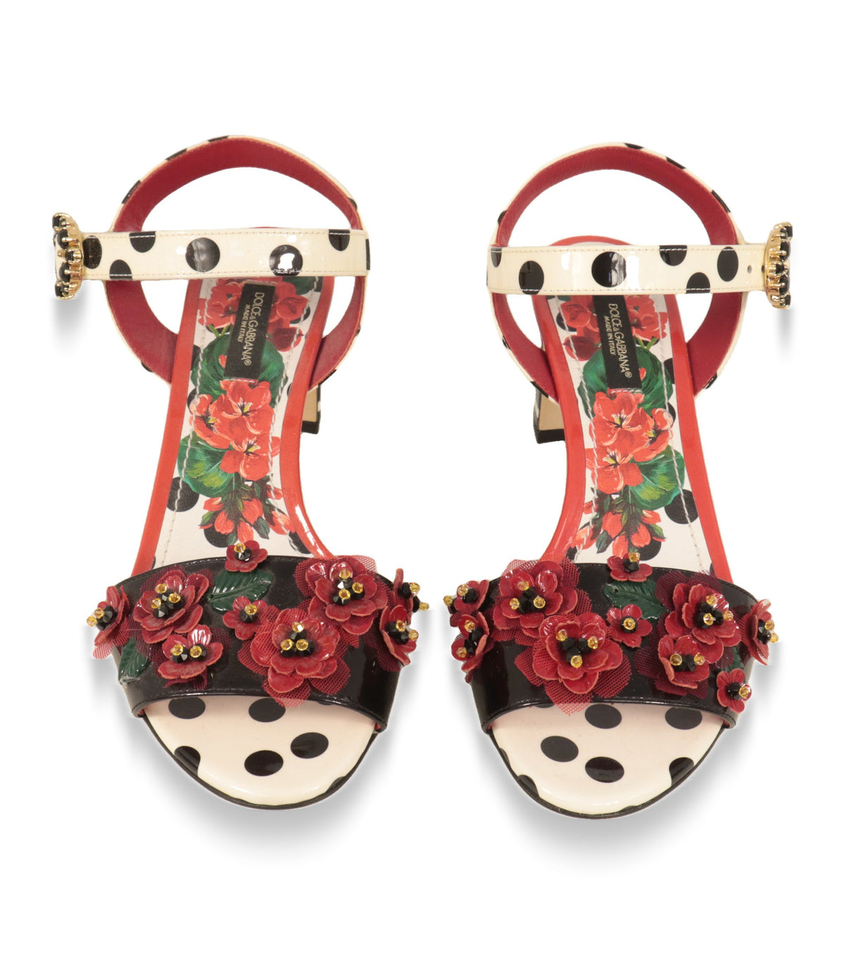 Dolce & Gabbana Sandaletten von oben mit floralem Innenfutter und Kristallschnalle