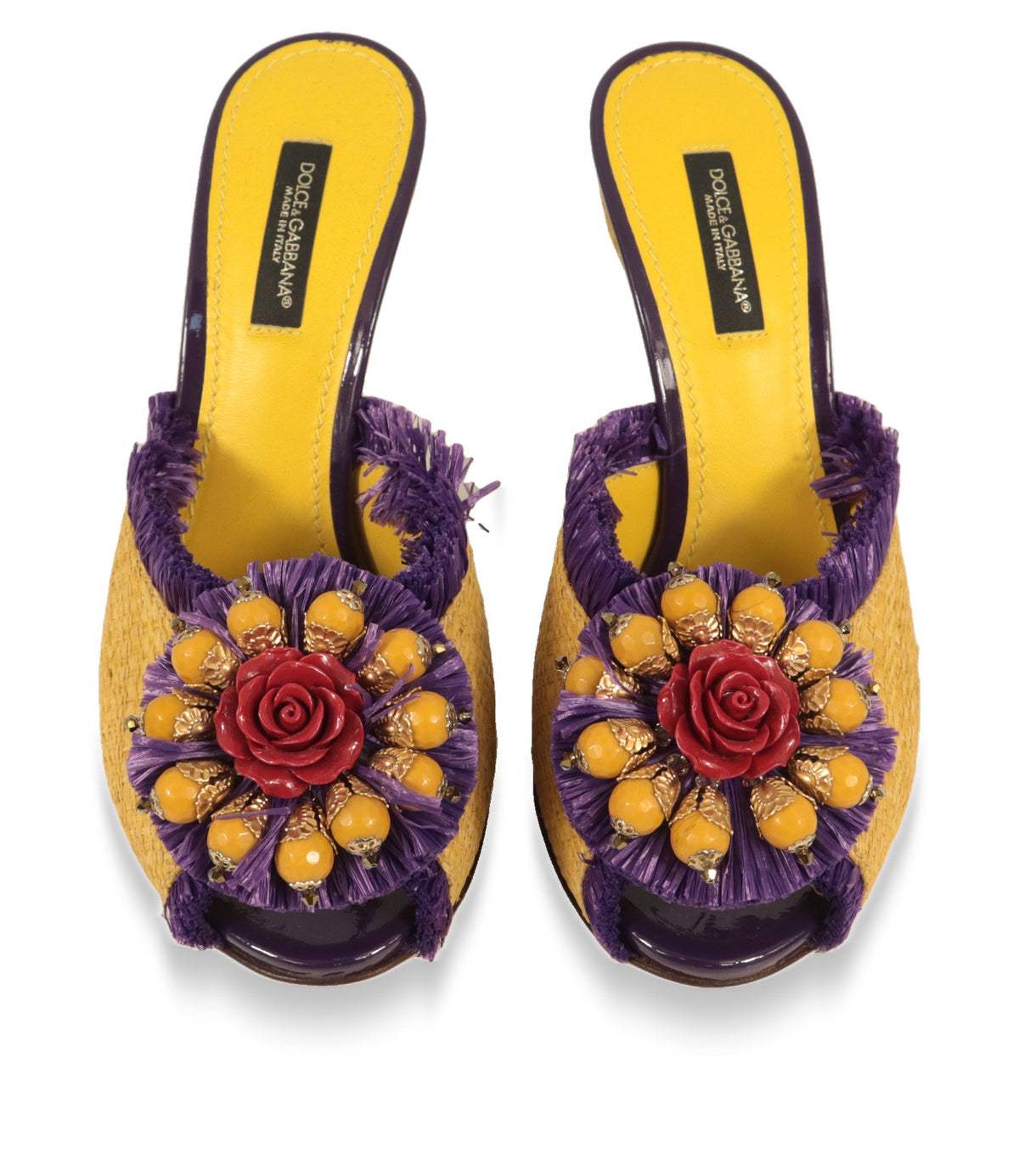 Dolce & Gabbana Mules von oben mit gelbem Leder-Innenfutter und Perlenapplikation