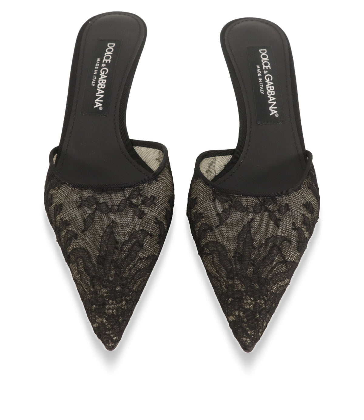 Dolce & Gabbana Mules mit spitzer Kappe und floraler Spitze, Draufsicht