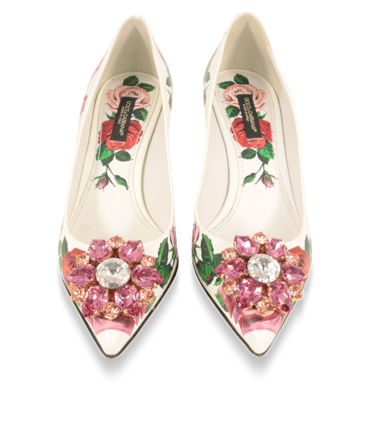 Weiße Dolce & Gabbana Pumps von oben mit Kristallbrosche an der spitzen Schuhspitze