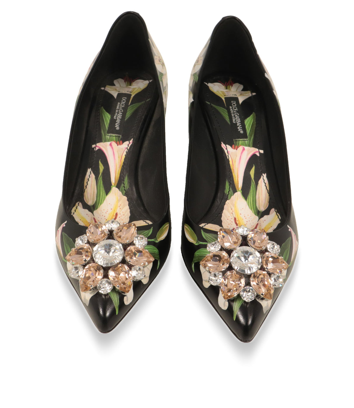 Dolce & Gabbana Pumps von oben mit Kristallbrosche an der spitzen Kappe