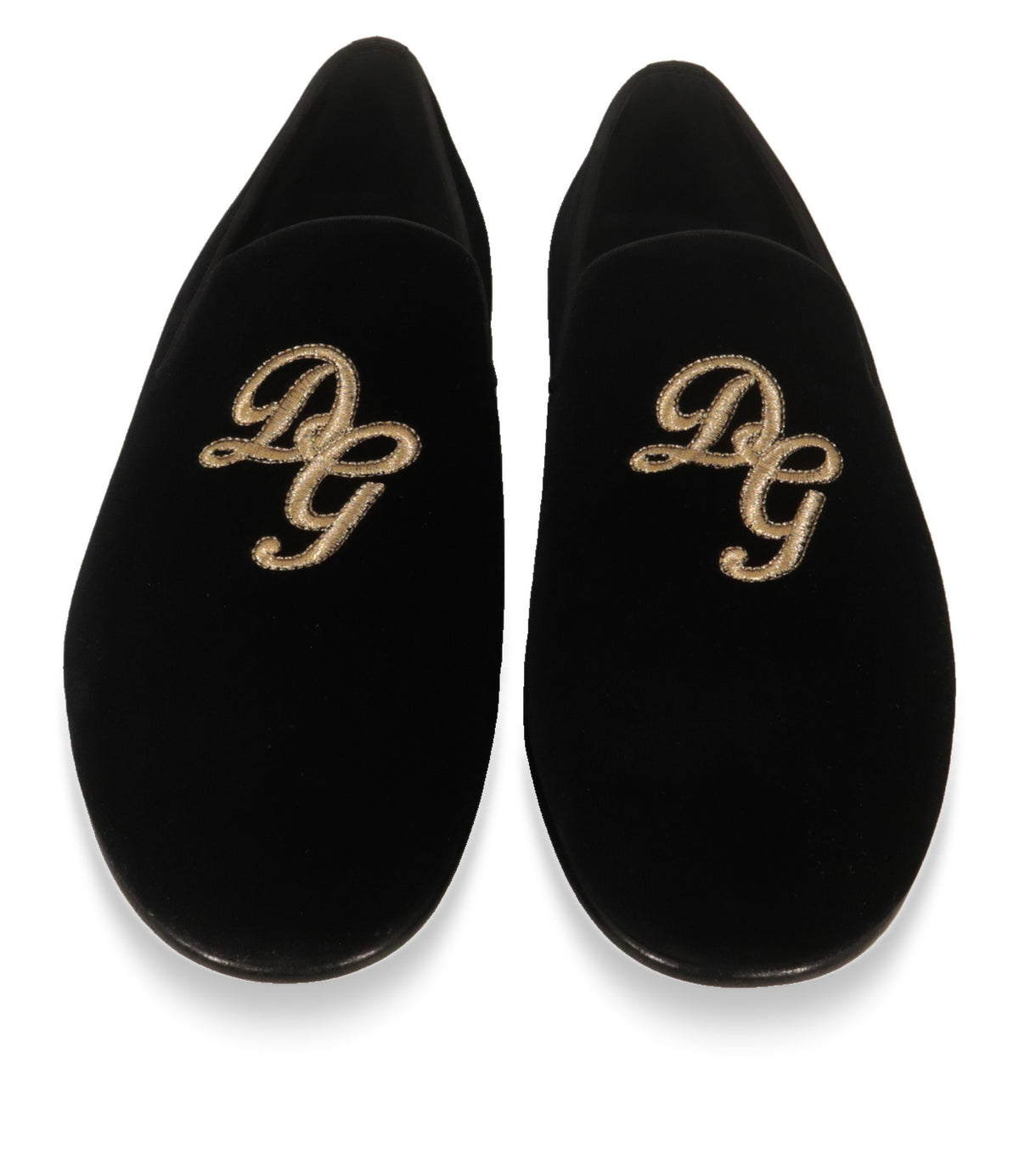 Dolce & Gabbana Samt Slipper von oben mit goldenem DG-Monogramm auf beiden Schuhen