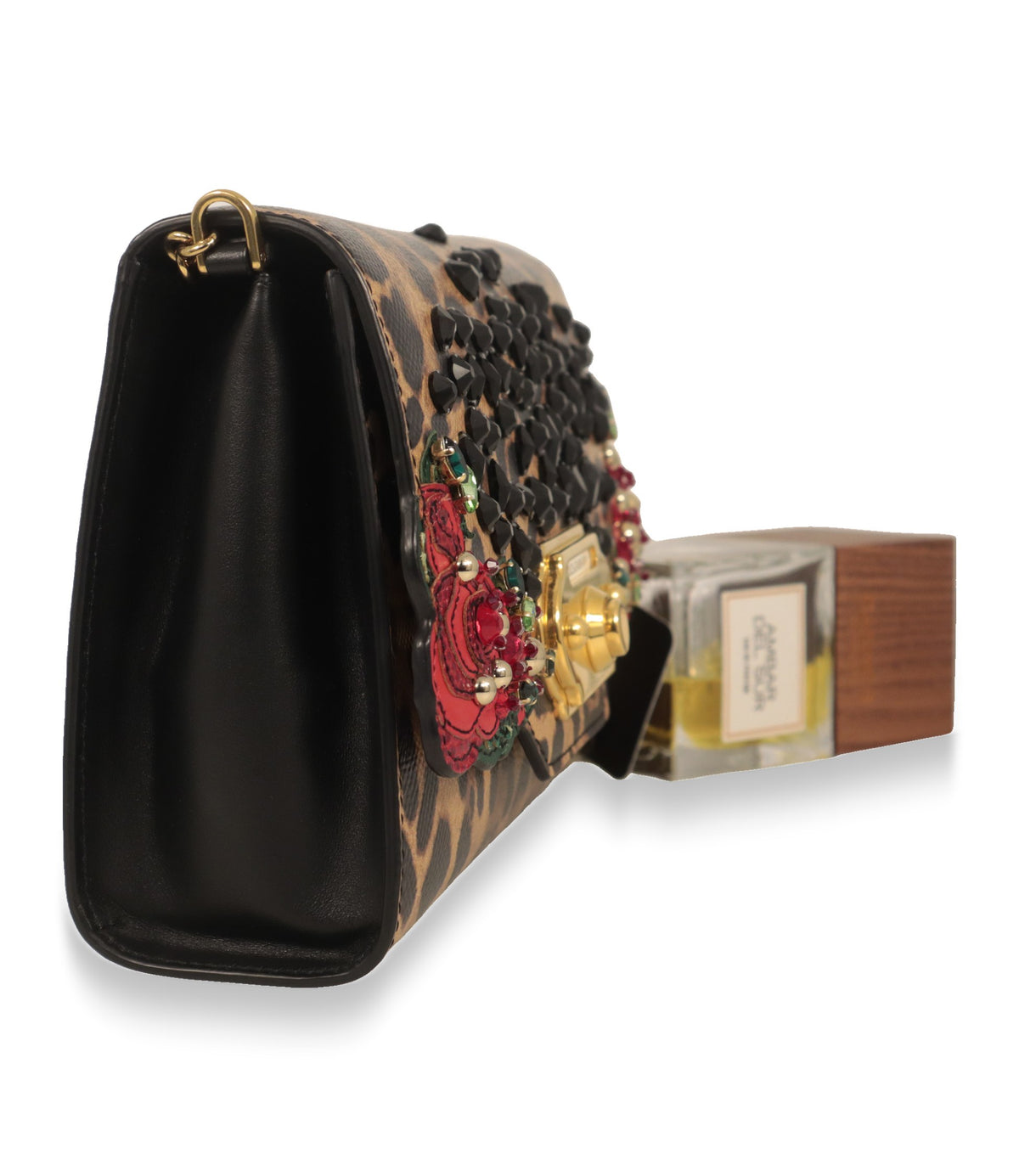 Dolce & Gabbana Umhängetasche in der Seitenansicht mit schwarzem Glattleder und Kristallbesatz