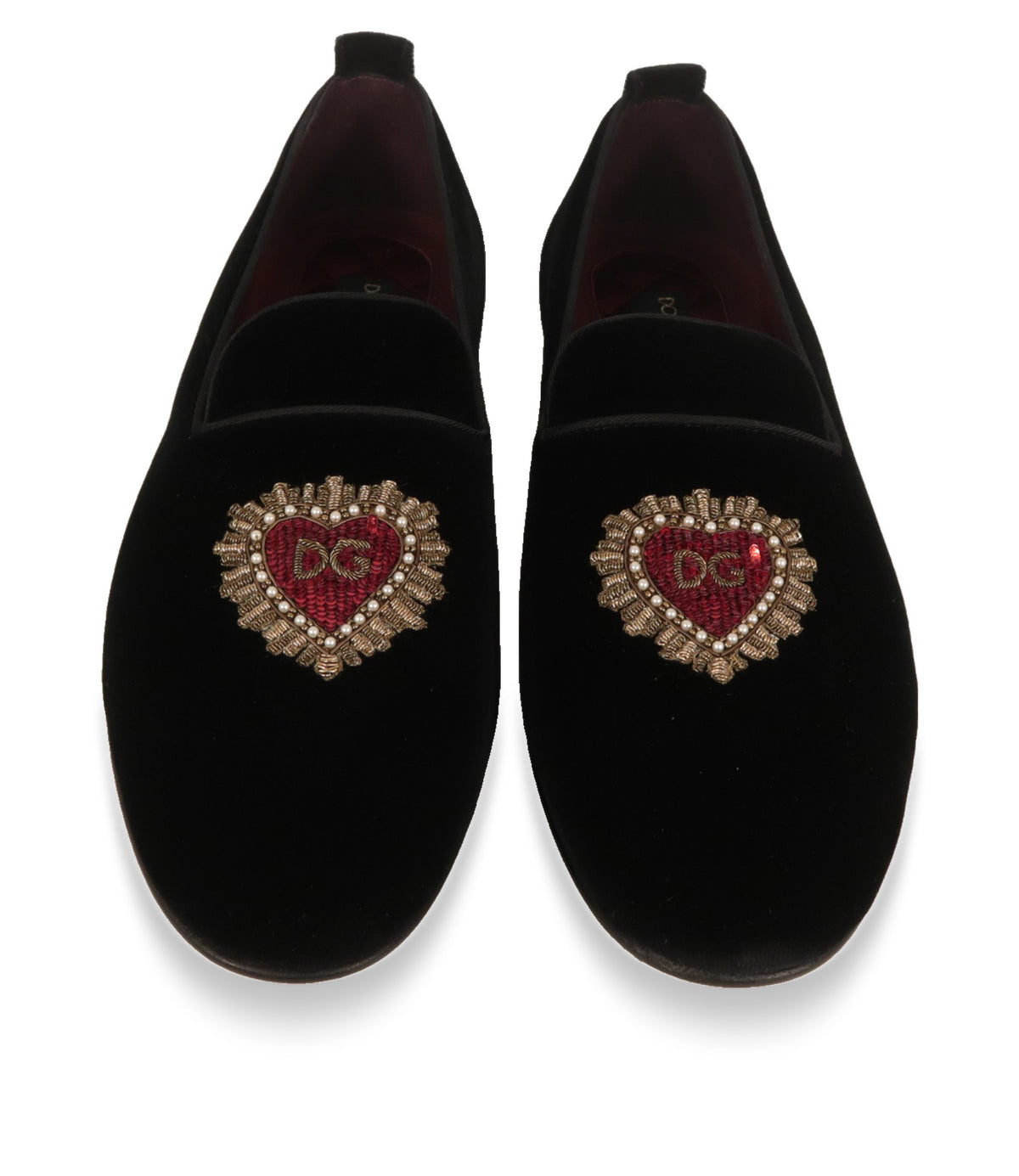 Dolce & Gabbana Samt Slipper von oben mit besticktem Sacred-Heart-Emblem und DG-Logo