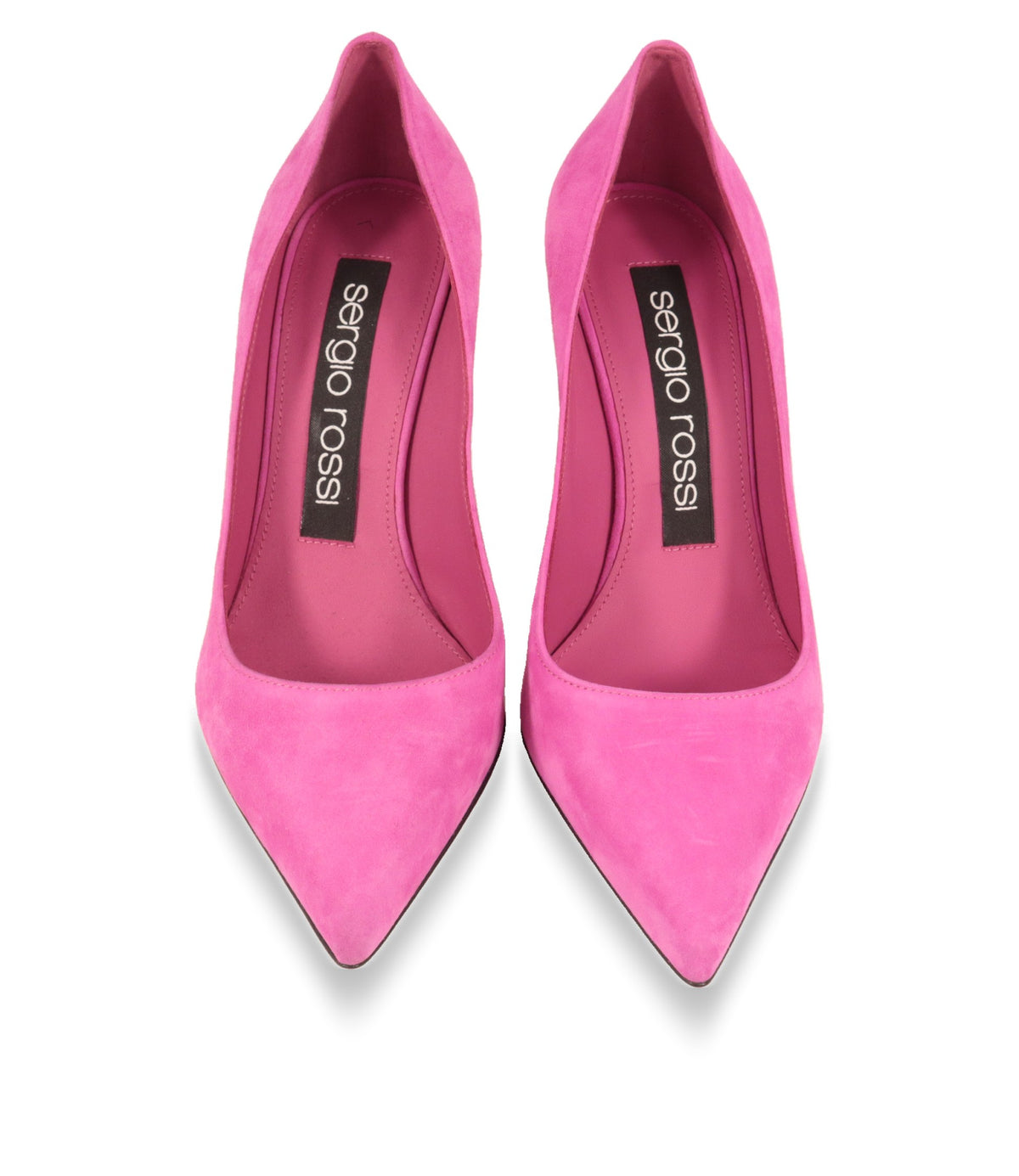 Pinke Sergio Rossi Pumps von oben mit spitzer Zehenform und Logo-Innensohle