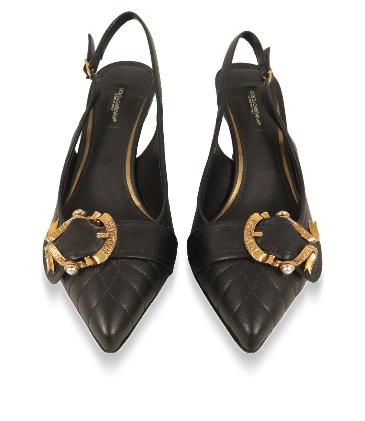 Dolce & Gabbana Damenschuhe von oben: spitze Matelassé-Kappe und goldfarbene Schnalle