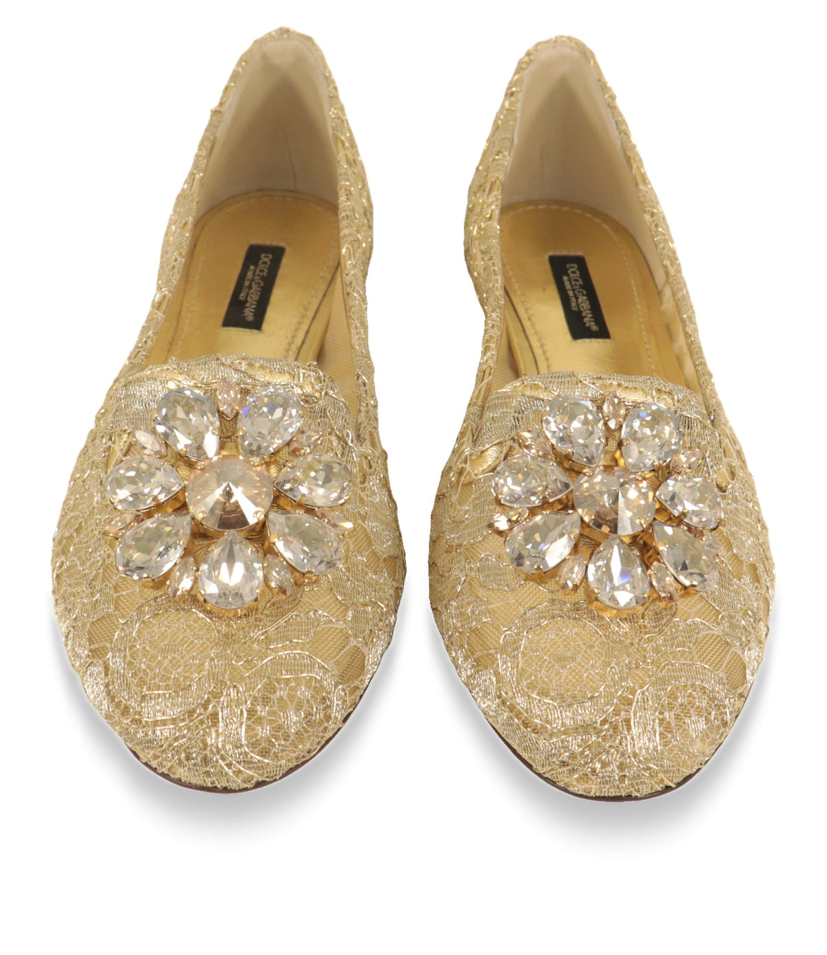 Goldfarbene Dolce & Gabbana Slipper mit Kristallblüte, Draufsicht auf beide Schuhe