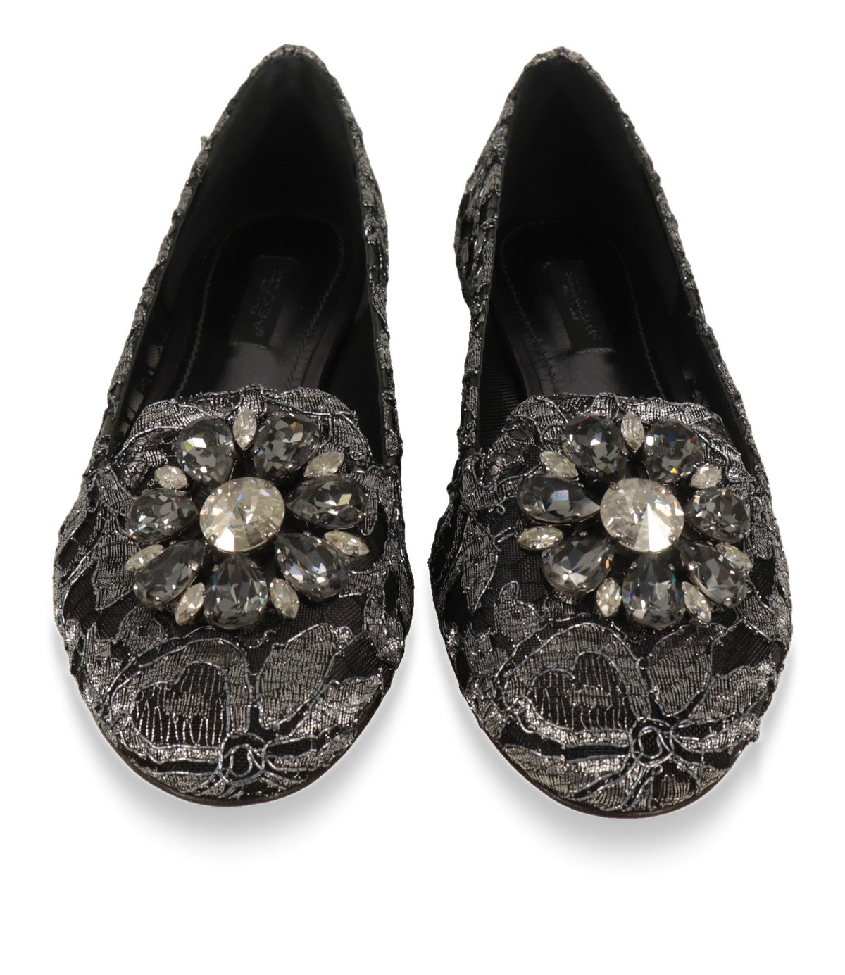 Dolce & Gabbana Slipper von oben mit funkelnder Kristallblüte auf dem Spann