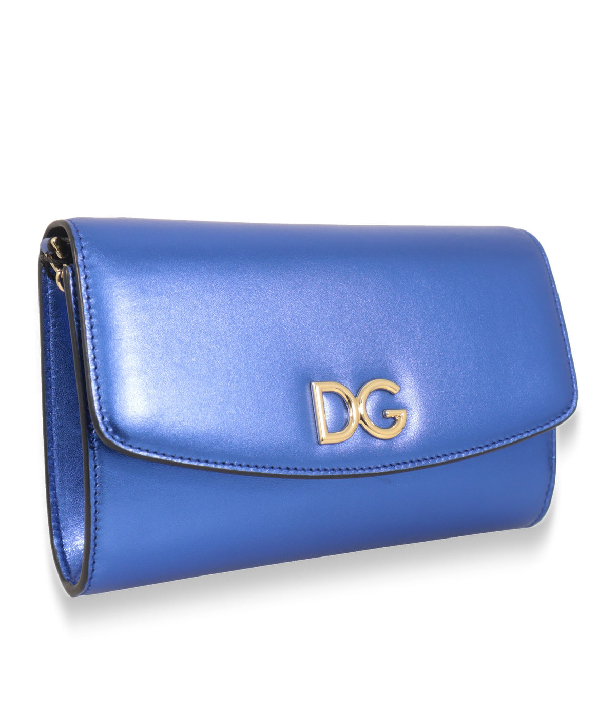 Blaue Dolce & Gabbana Umhängetasche aus Nappaleder in Seitenansicht mit Überschlagklappe