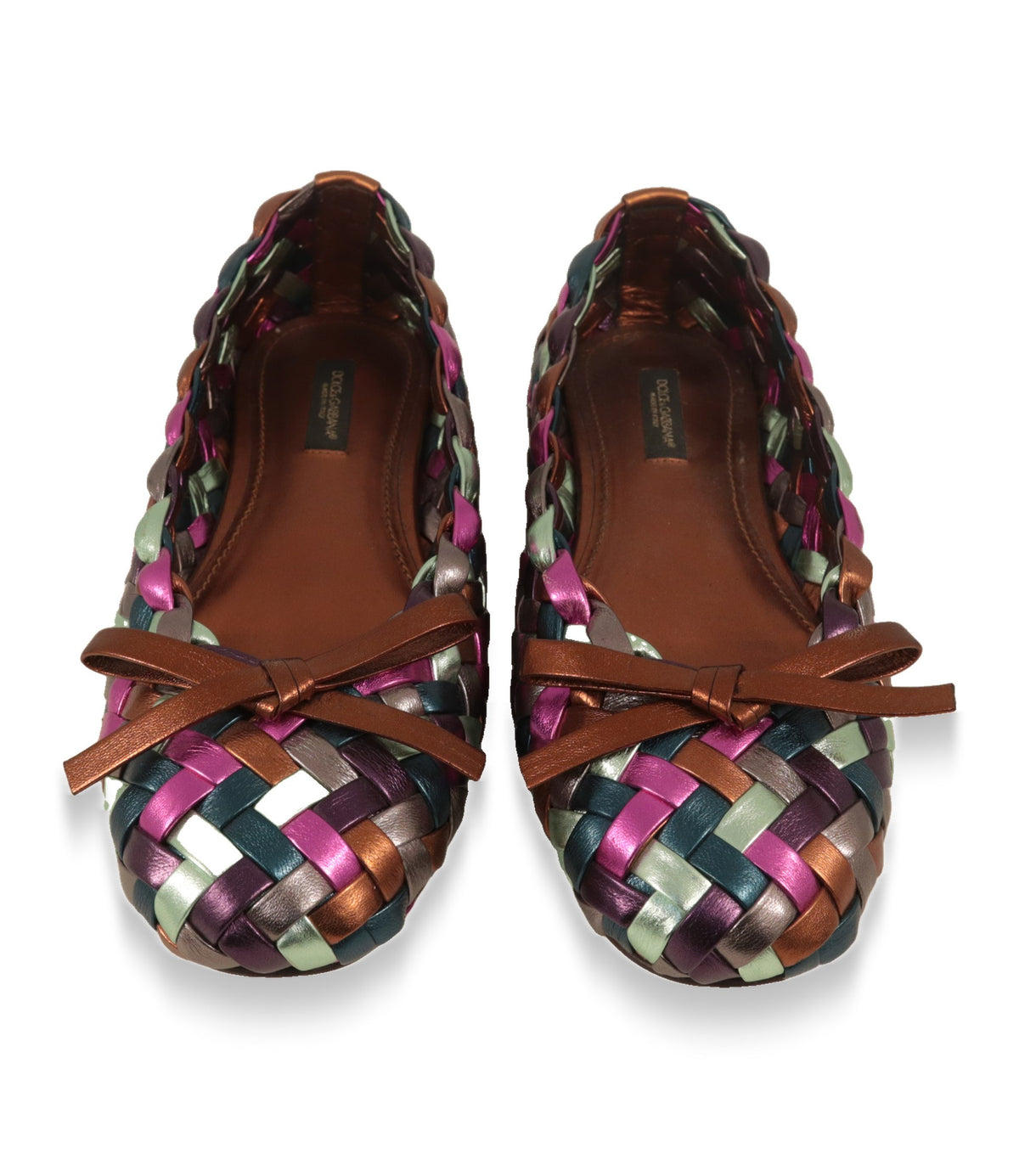 Dolce & Gabbana Ballerinas Größe 38 von oben mit bronzefarbener Zierschleife und Lederfutter