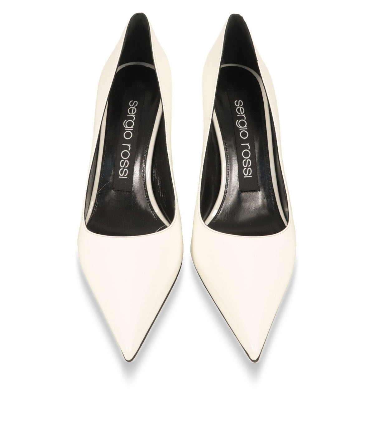 Sergio Rossi High Heels weiß von oben mit spitzer Kappe und Logo-Schriftzug