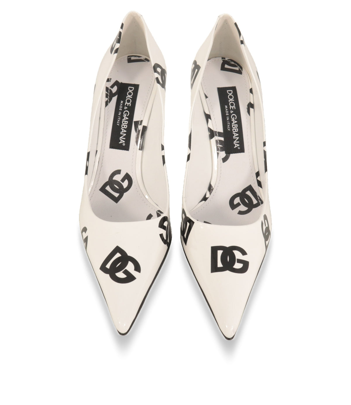 Weiße Damenschuhe von Dolce & Gabbana von oben mit Logo-Innensohle und spitzer Kappe