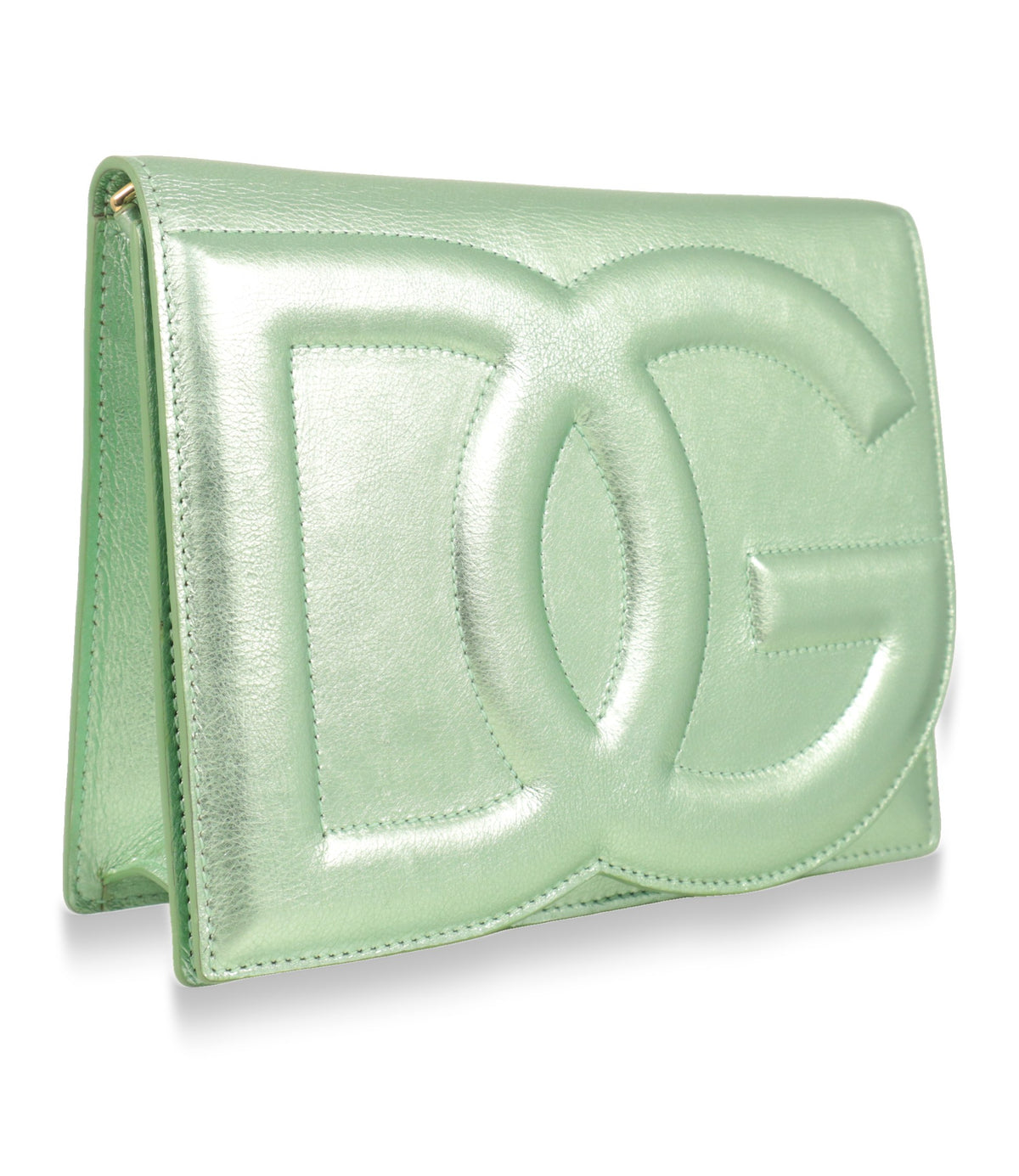 Dolce & Gabbana Schultertasche Mintgrün in seitlicher Dreiviertelansicht mit reliefartigem DG-Logo