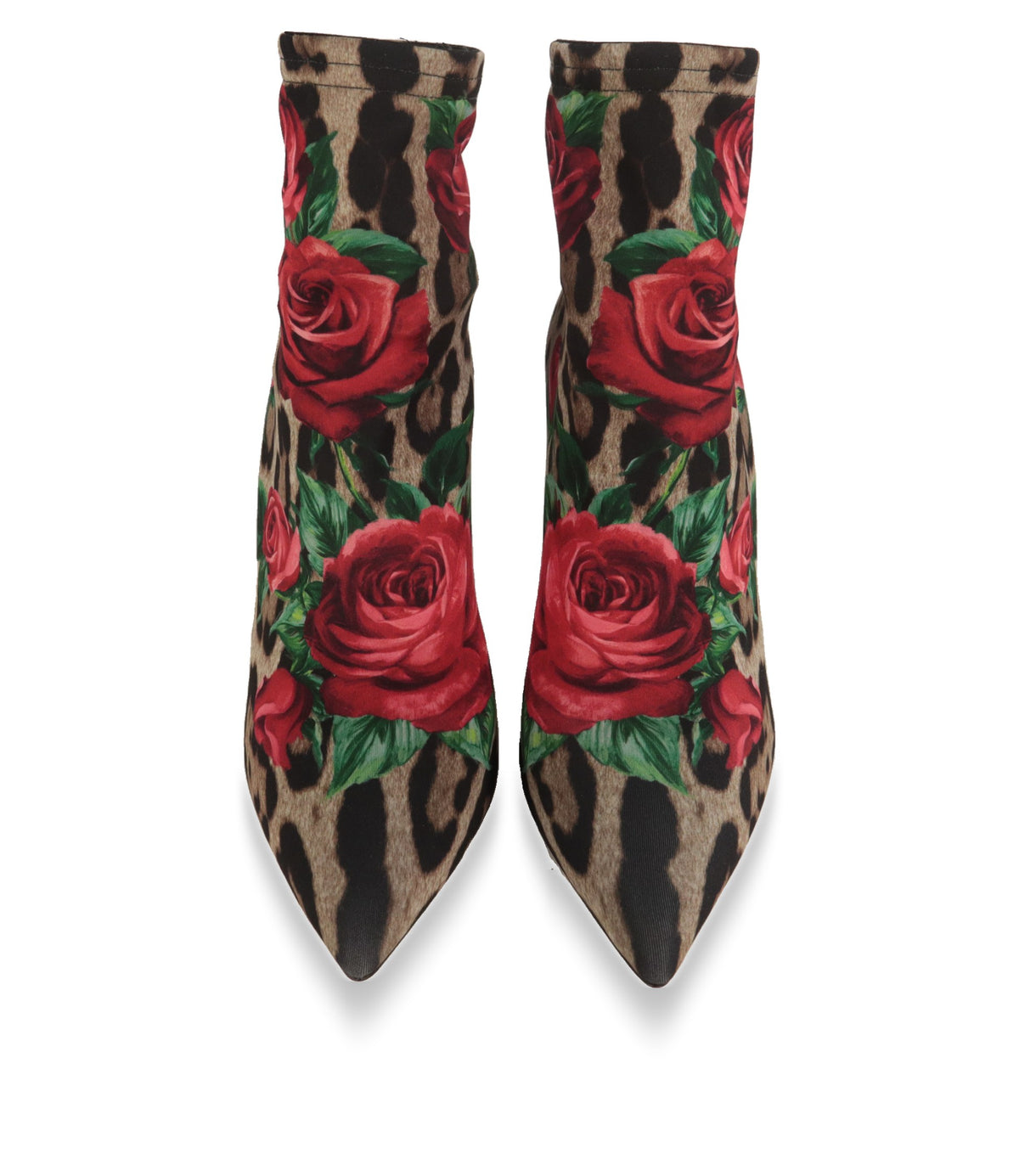 Dolce & Gabbana Stiefeletten Frontansicht mit spitzer Kappe und Rosenprint