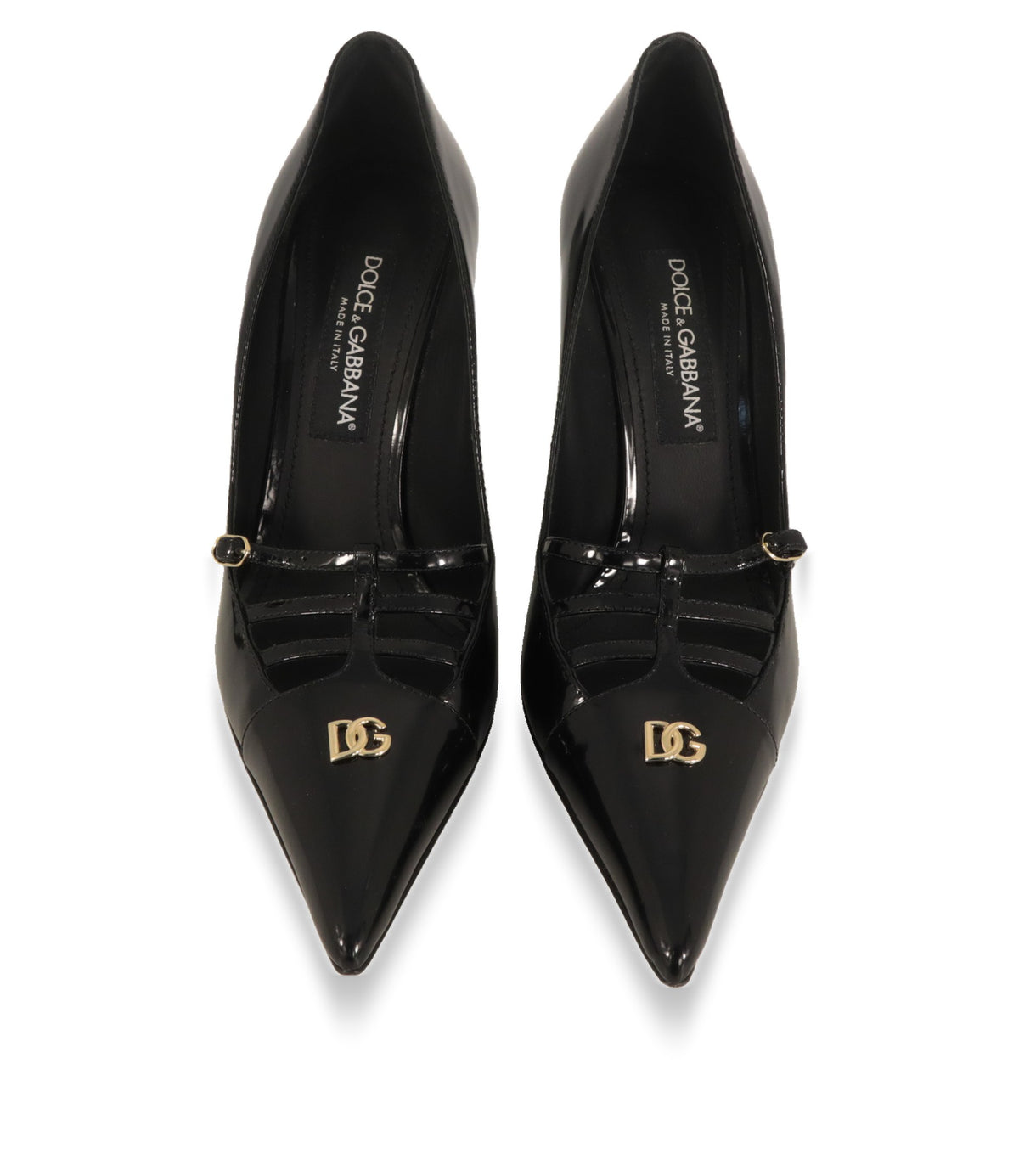 Dolce & Gabbana Mary Jane Pumps von oben mit goldfarbenem DG-Logo