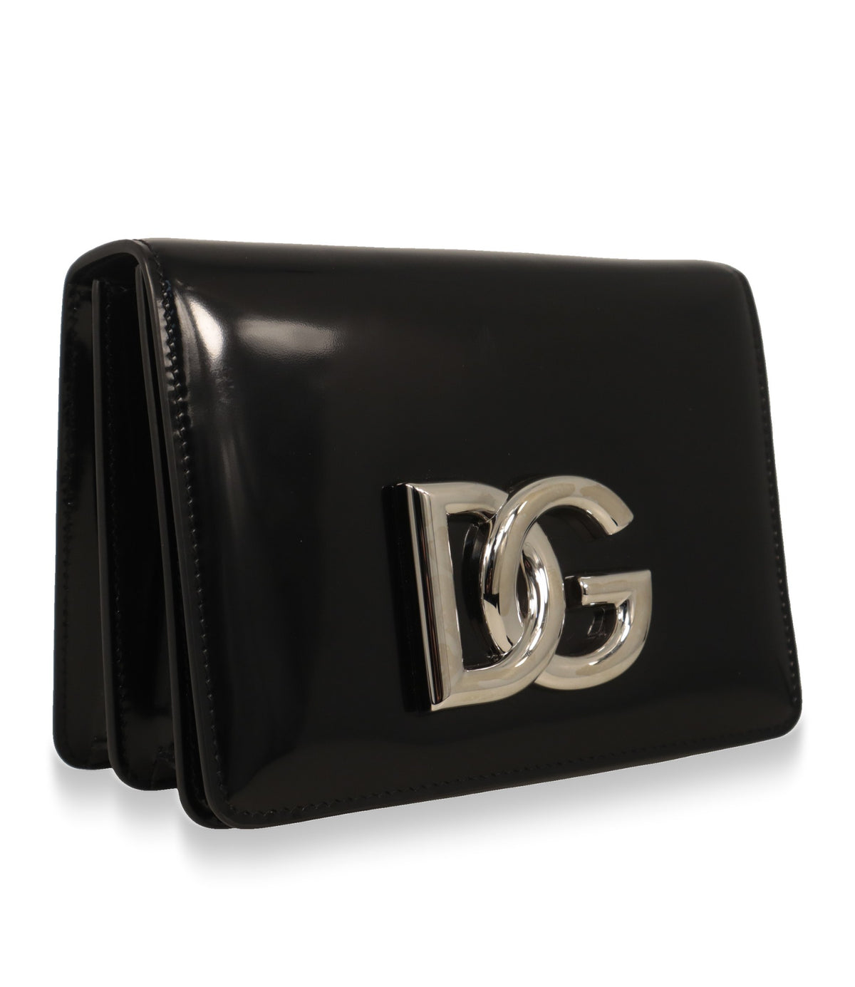 Dolce & Gabbana Lackleder Umhängetasche Schwarz in Schrägansicht mit DG-Logo-Verschluss