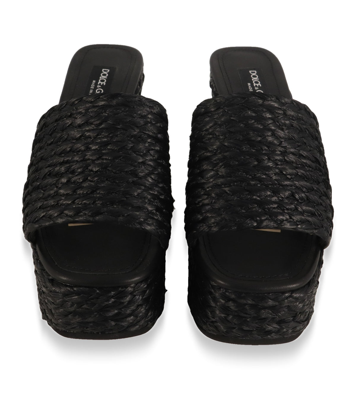 Dolce & Gabbana Plateau-Sandalen Größe 38 von oben mit schwarzem Lederfußbett und Markenschriftzug