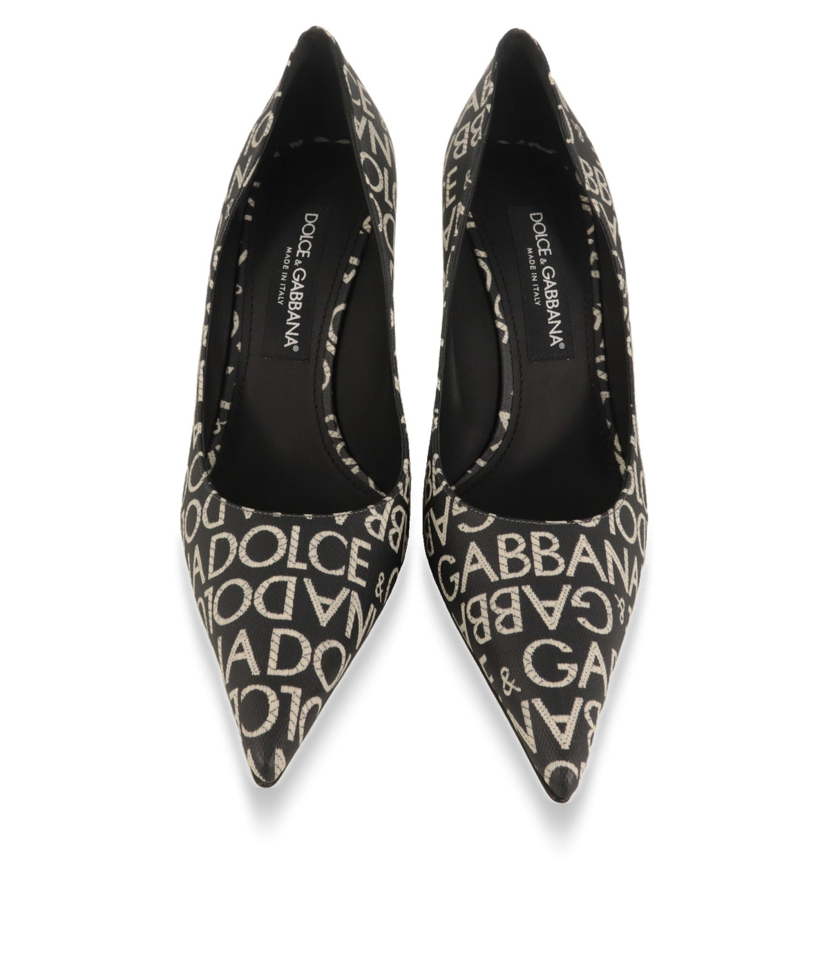 Dolce & Gabbana Pumps von oben mit spitzer Kappe und Logo-Schriftzug im Innenfutter