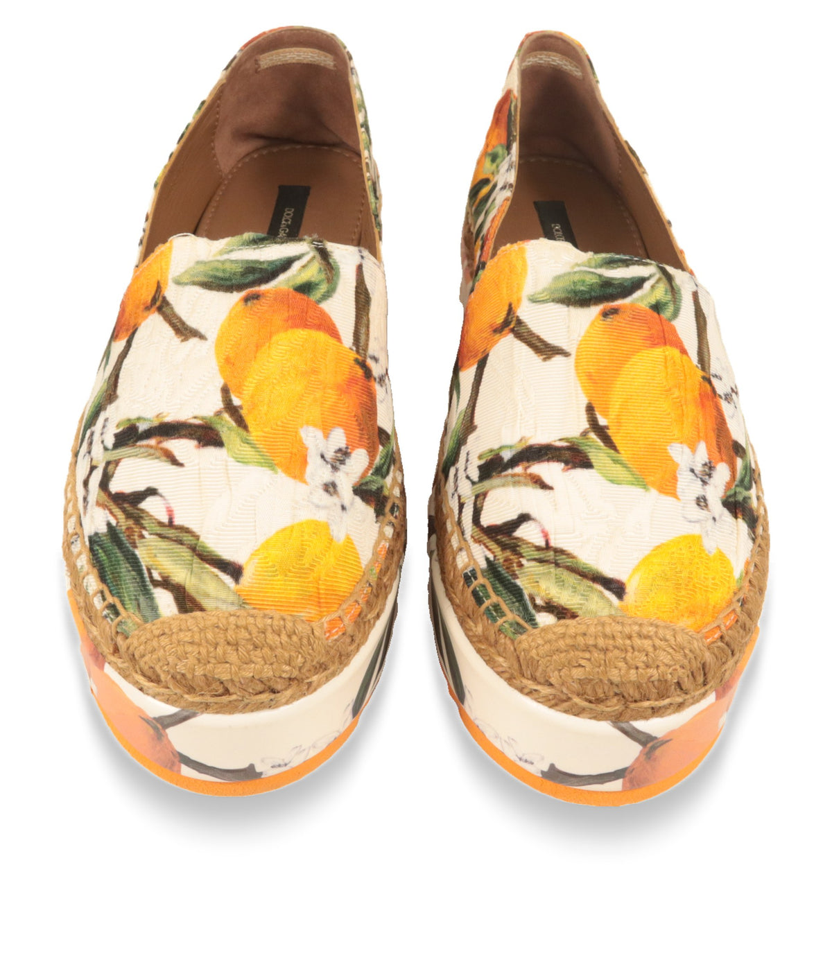 Dolce & Gabbana Espadrilles von oben, Orangen-Print auf cremeweißem Brokat mit geflochtener Jutekappe