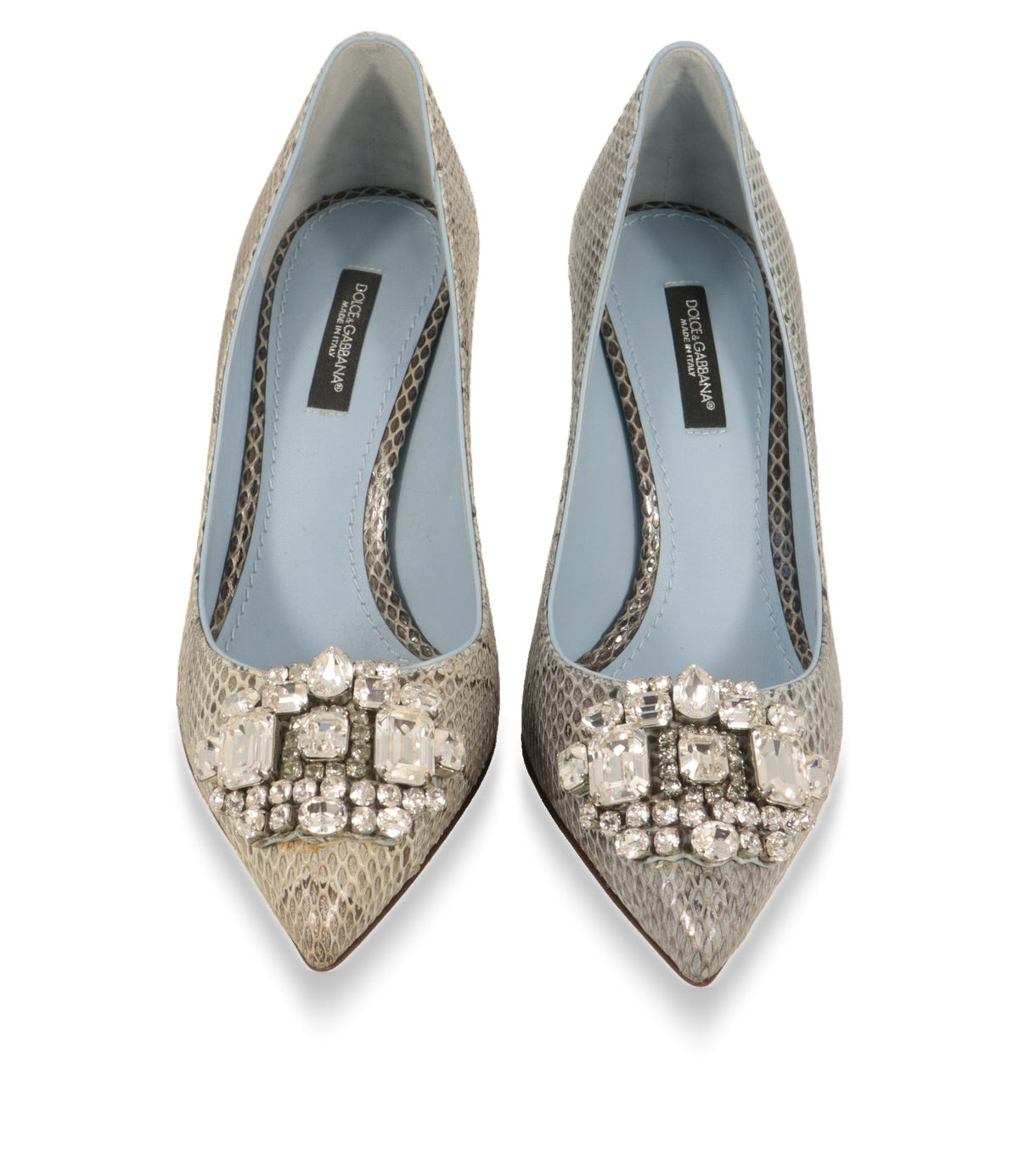 Dolce & Gabbana Pumps von oben mit hellblauem Lederfutter und Kristallapplikation