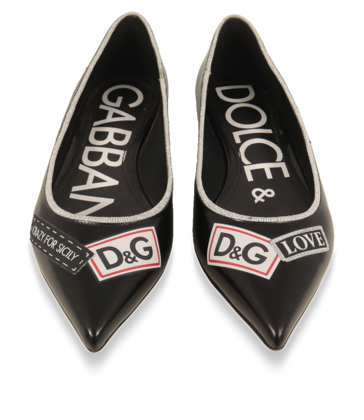 Dolce & Gabbana Ballerinas von oben mit spitzer Kappe und Dolce & Gabbana Logo im Innenfutter