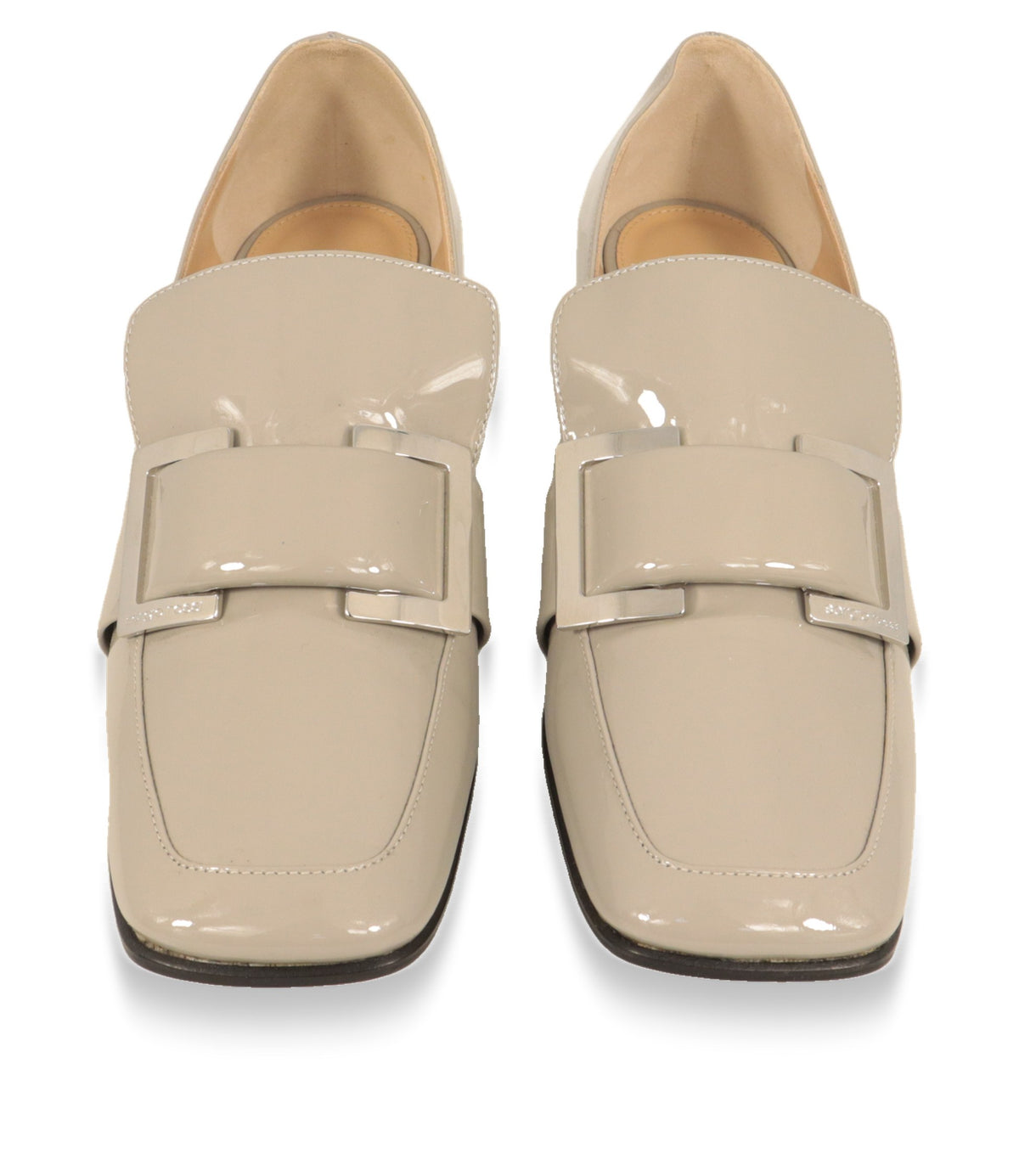 Sergio Rossi Loafer von oben, quadratische Kappe und Lackleder in Nebbia-Grau
