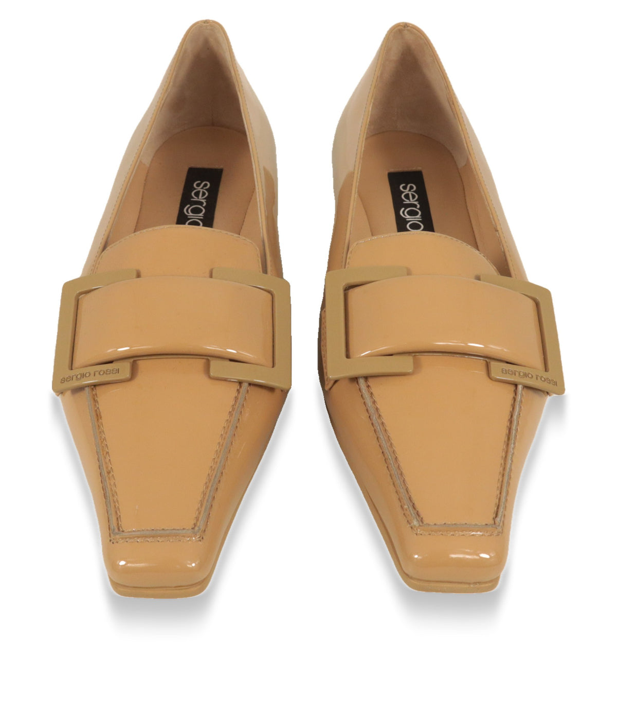Sergio Rossi Loafer von oben: quadratische Zehenform und Logo-Schnalle