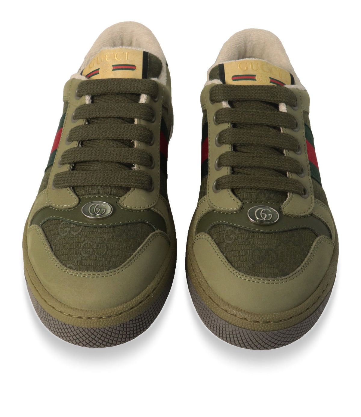 Gucci Sneaker Größe 32 von vorne mit GG-Emblem und grüner Schnürung
