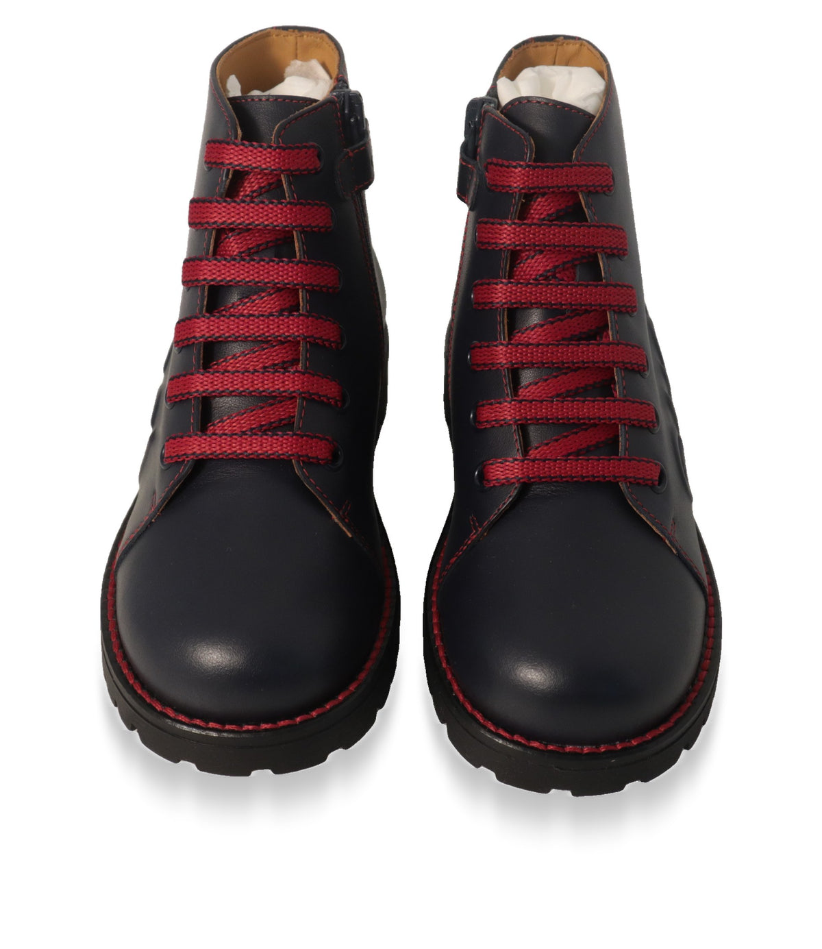 Gucci Boots aus Leder in Blau mit roter Schnürung, Frontansicht des Paares